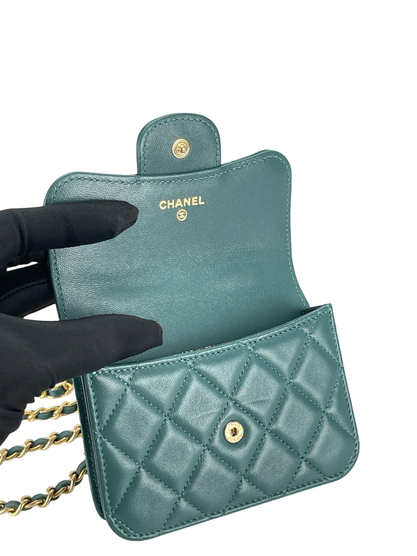 CHANEL - Quilted Top Handle Flap Coin Purse Green Lambskin With Chain