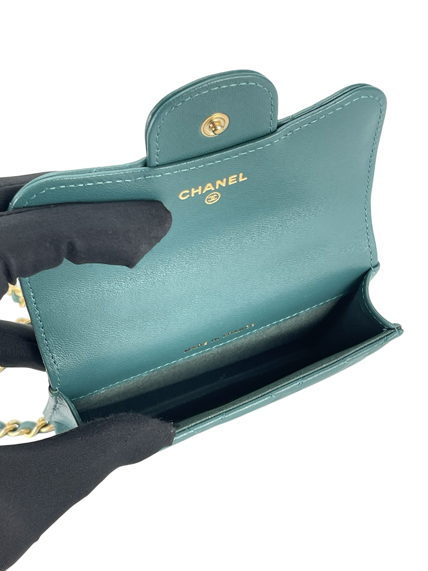 CHANEL - Quilted Top Handle Flap Coin Purse Green Lambskin With Chain