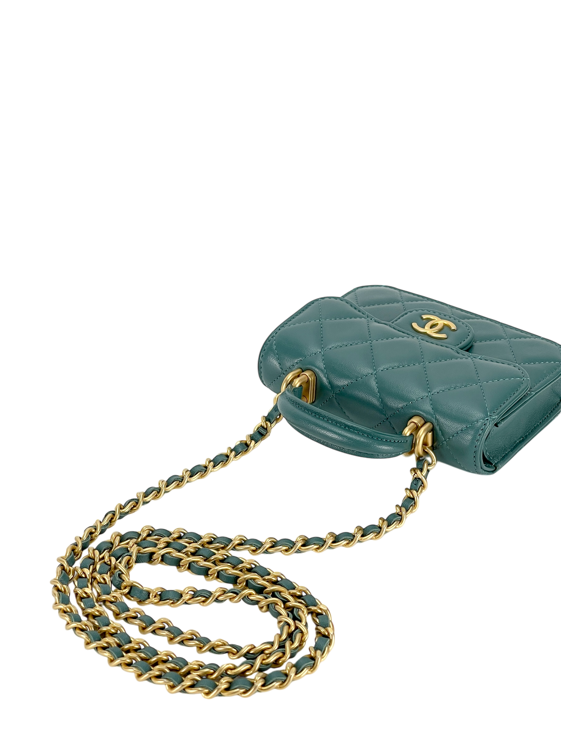 CHANEL - Quilted Top Handle Flap Coin Purse Green Lambskin With Chain
