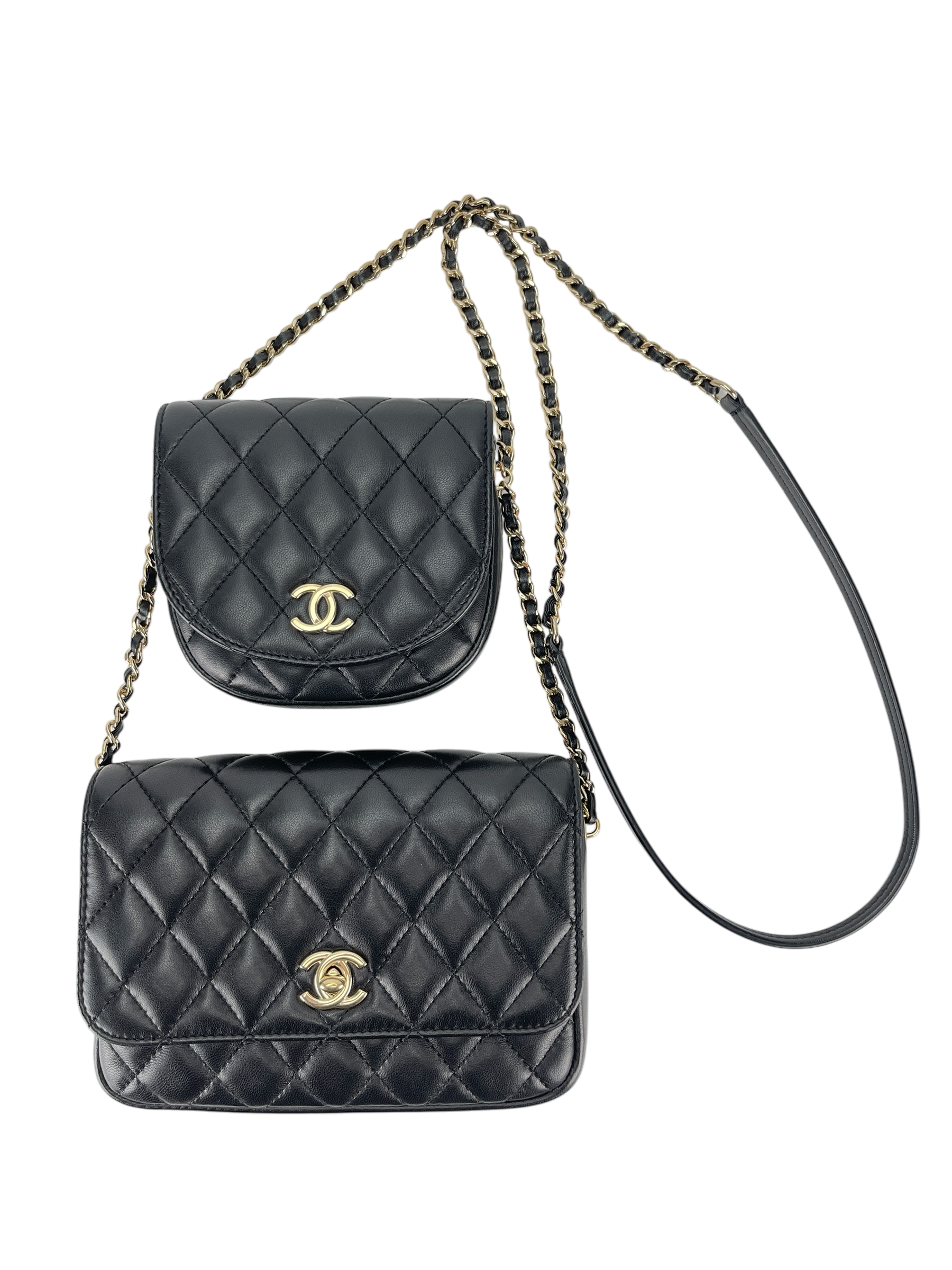 CHANEL - Quilted Side Double Packs Bag Black Lambskin