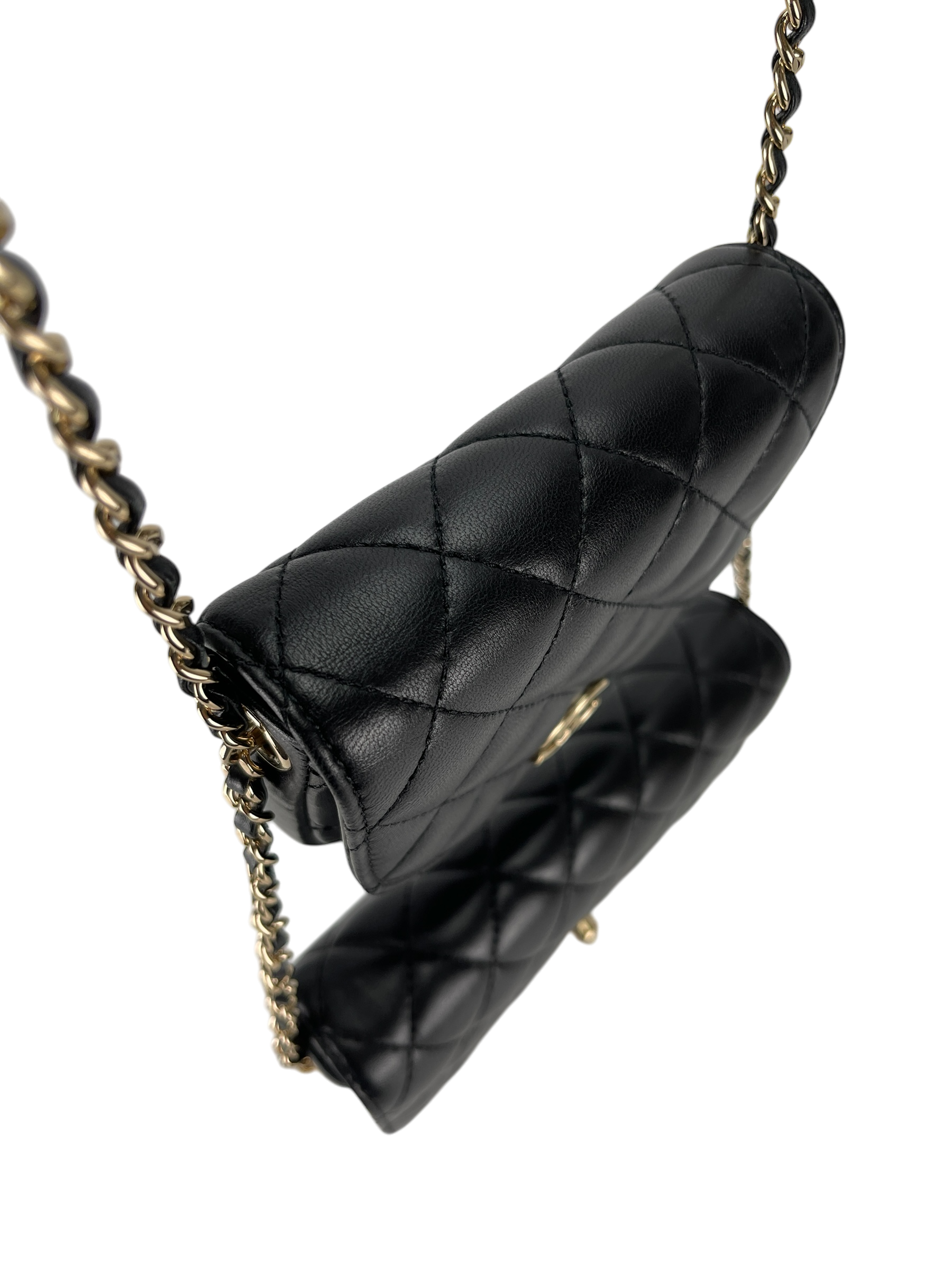 CHANEL - Quilted Side Double Packs Bag Black Lambskin