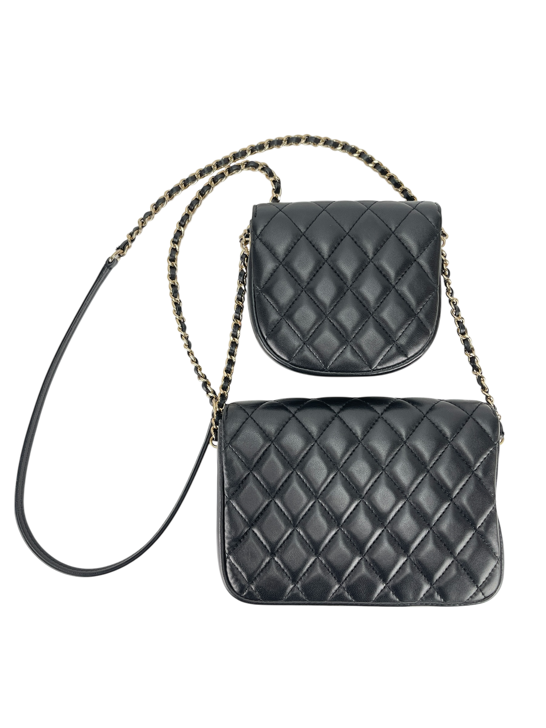 CHANEL - Quilted Side Double Packs Bag Black Lambskin