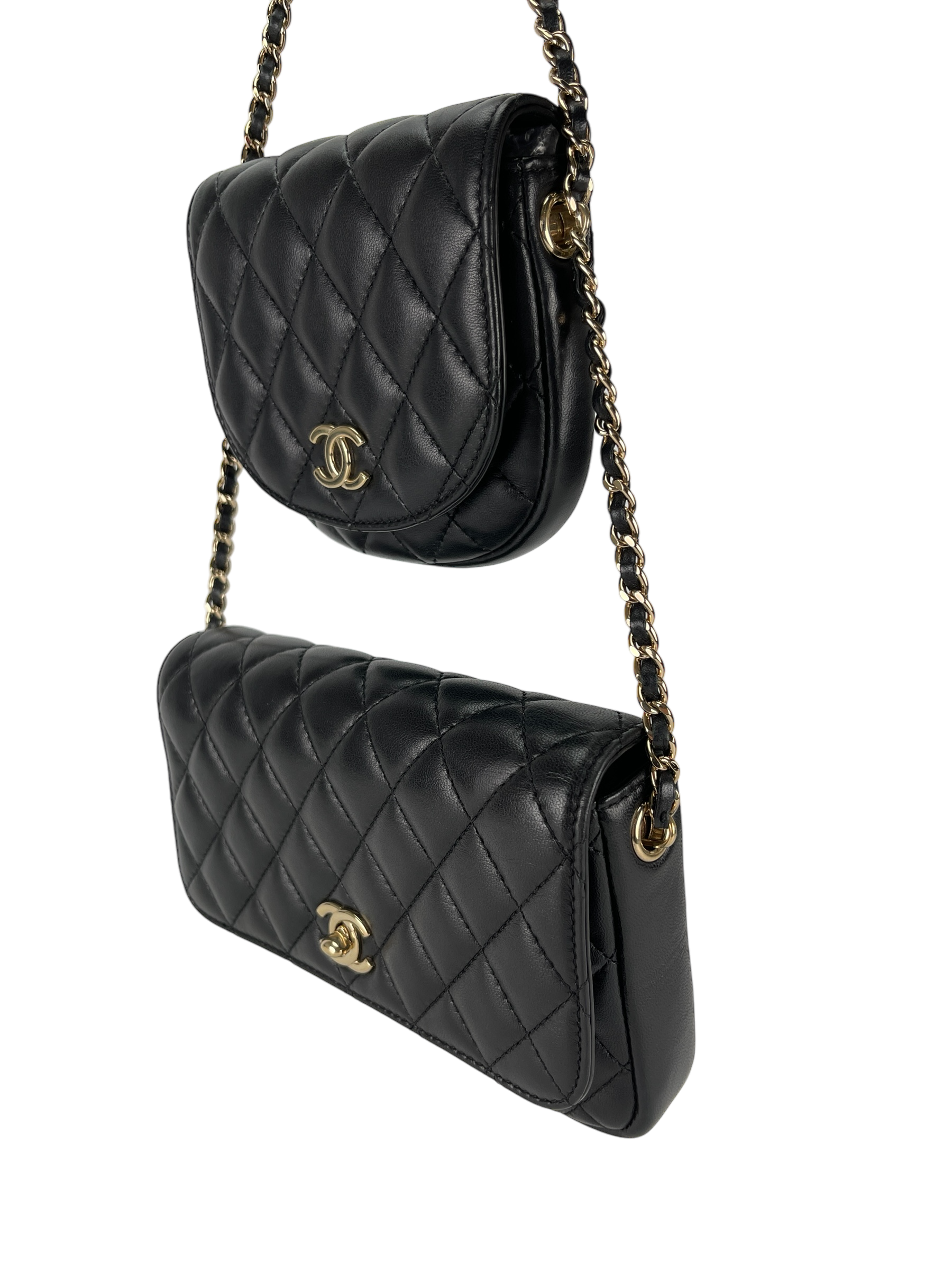 CHANEL - Quilted Side Double Packs Bag Black Lambskin