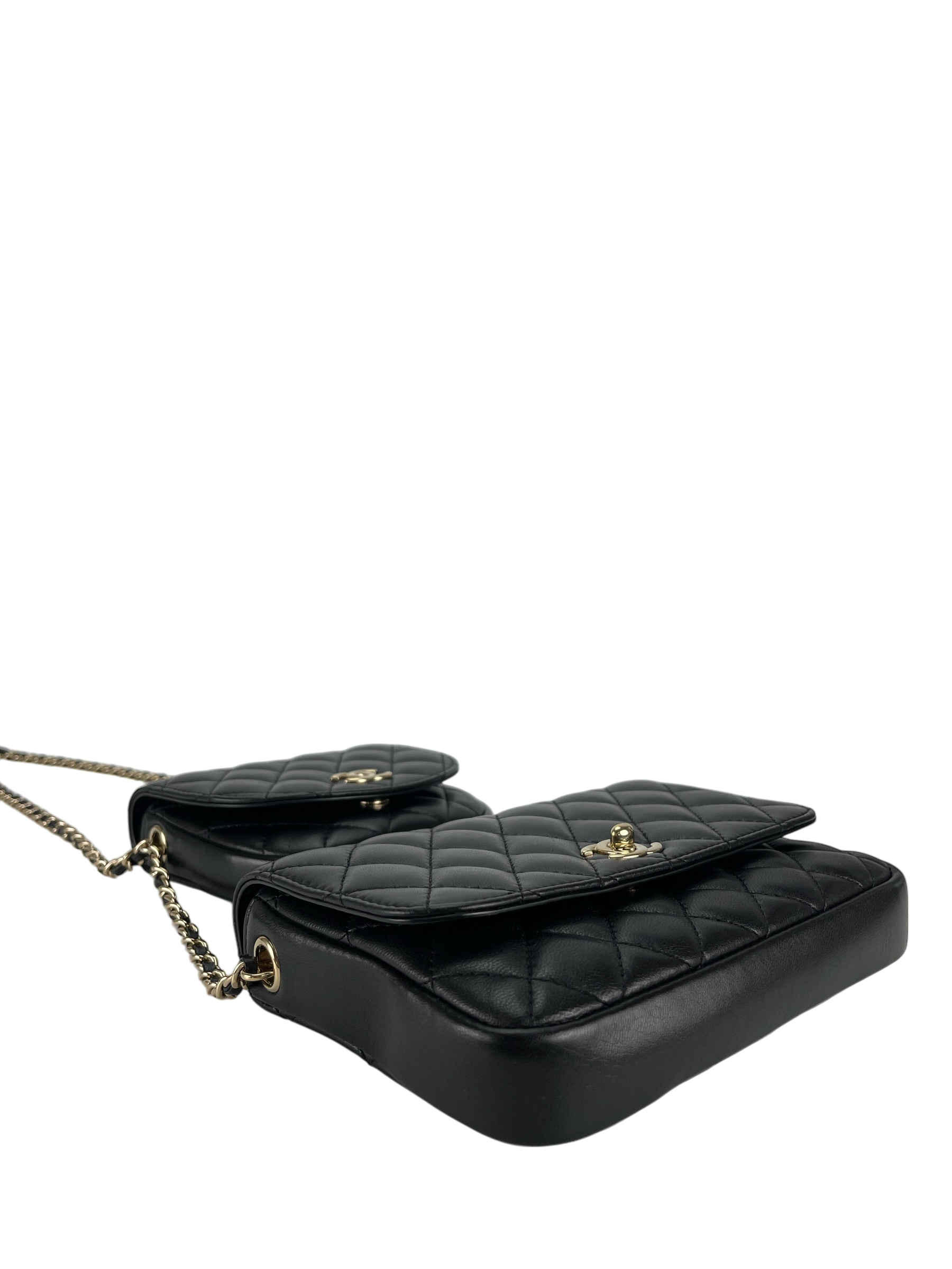 CHANEL - Quilted Side Double Packs Bag Black Lambskin