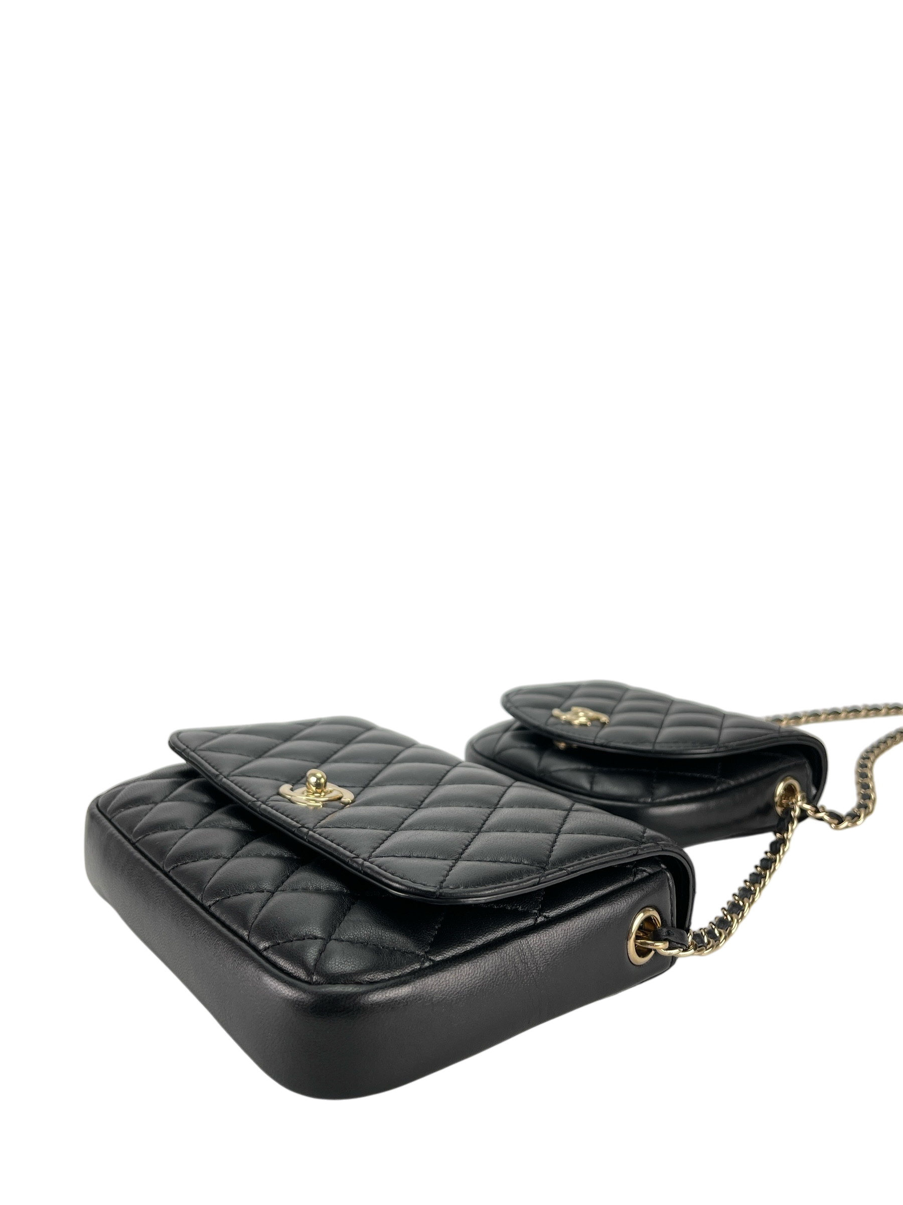 CHANEL - Quilted Side Double Packs Bag Black Lambskin