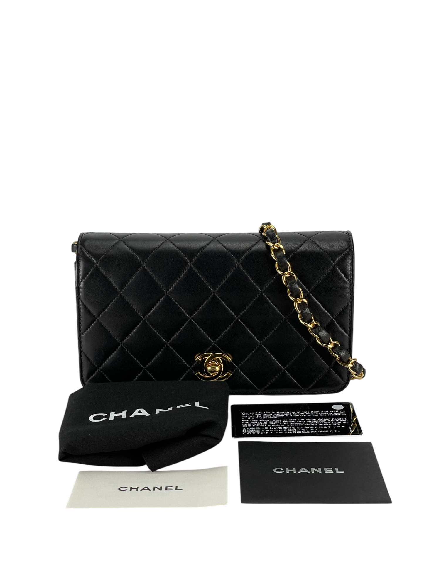 CHANEL - Quilted Full Flap Chain Shoulder Bag Purse Black Lambskin
