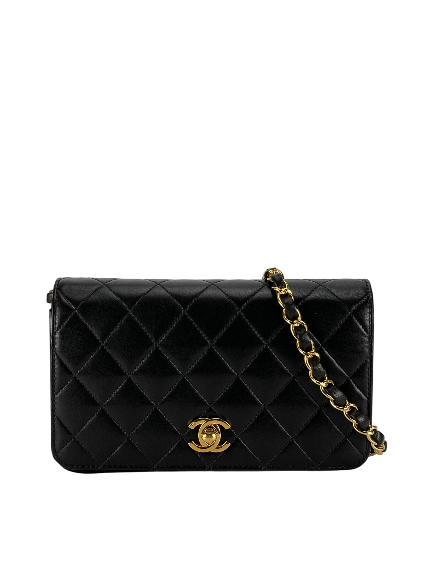 CHANEL - Quilted Full Flap Chain Shoulder Bag Purse Black Lambskin