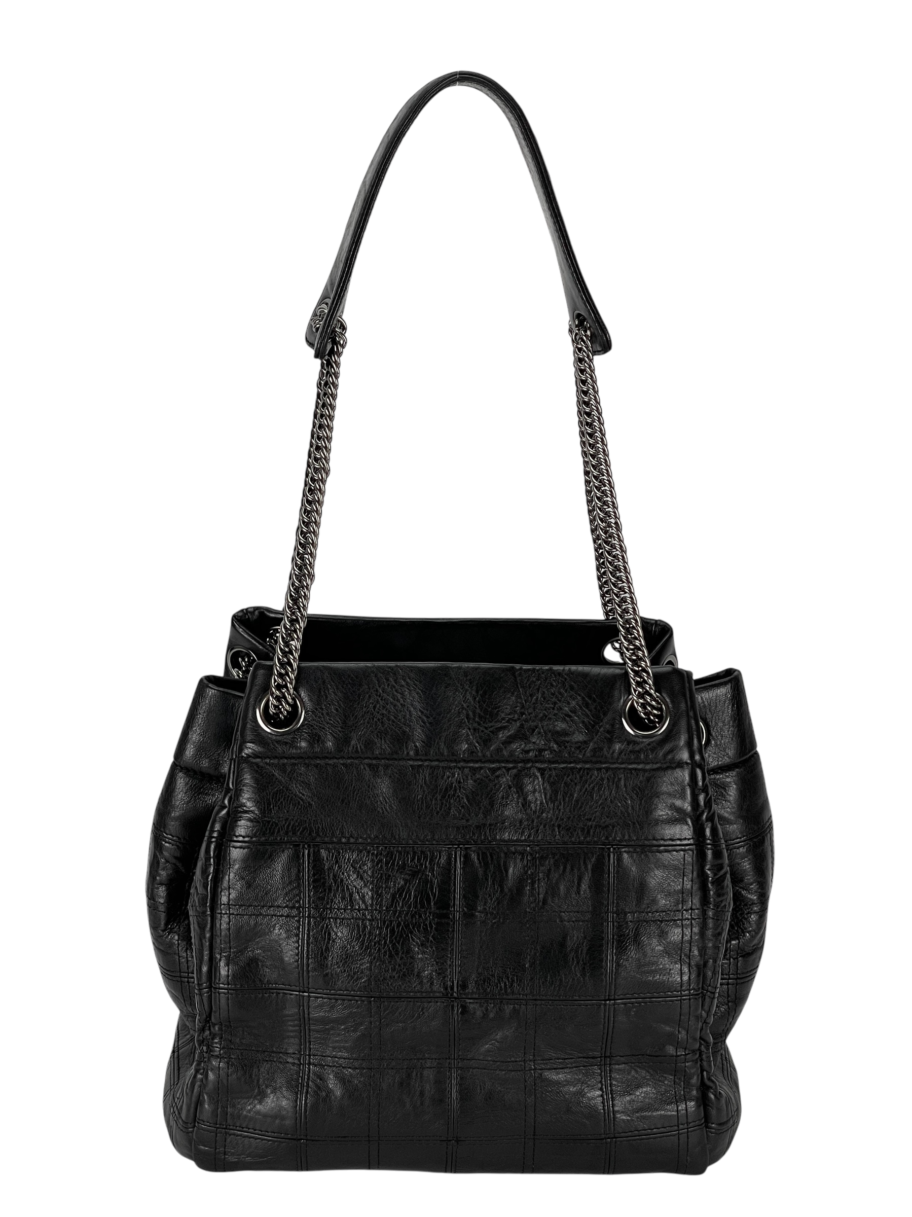 CHANEL - Square Stitched Lax Accordion Shoulder Bag Black Calfskin