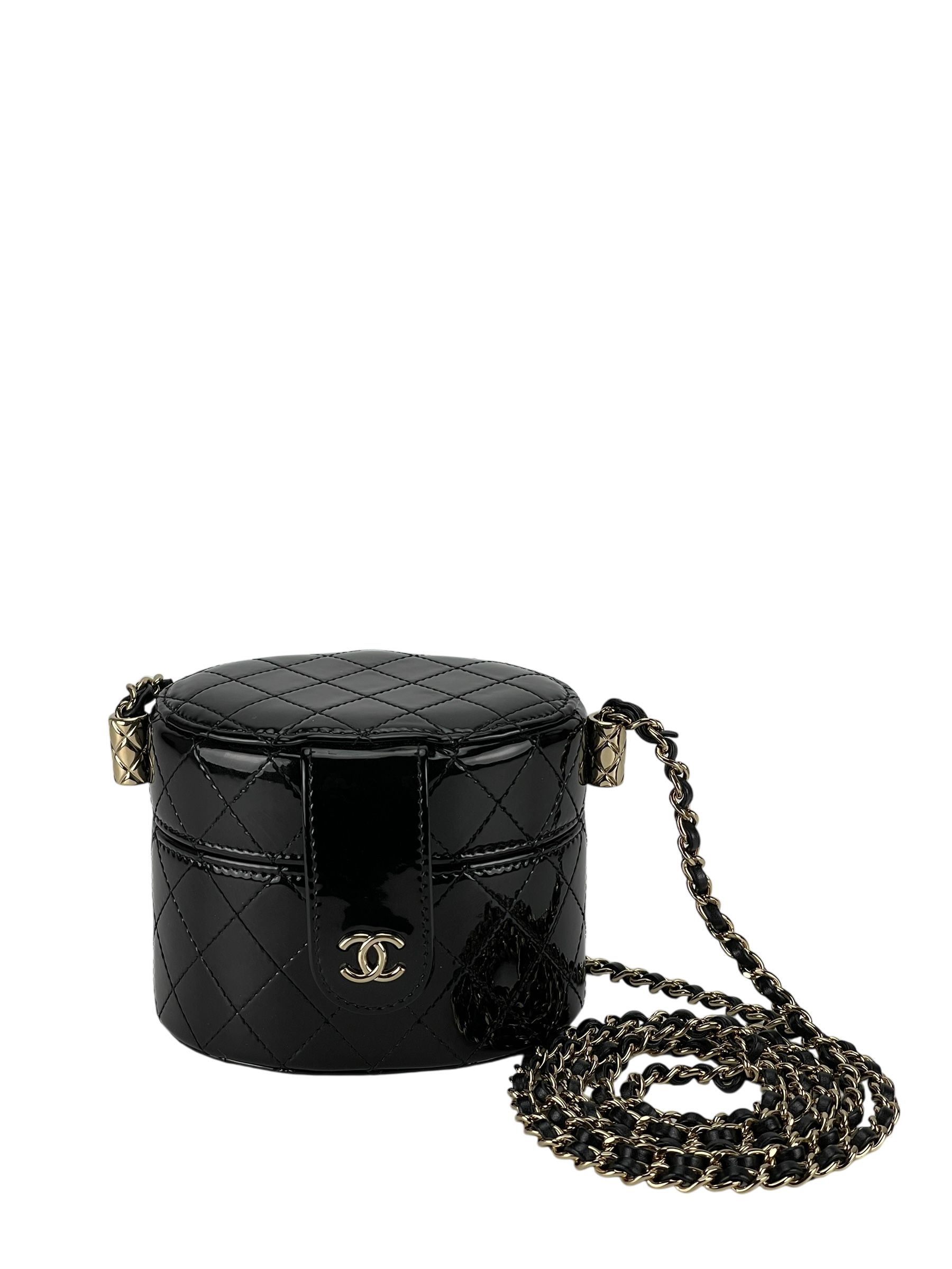CHANEL - Quilted Round Small Vanity With Chain Black Patent