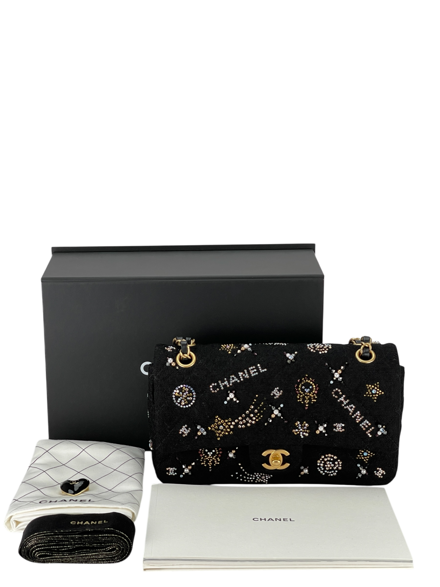 CHANEL - Small Flap Bag Black Embroidered Tweed, Strass, Glass Pearls