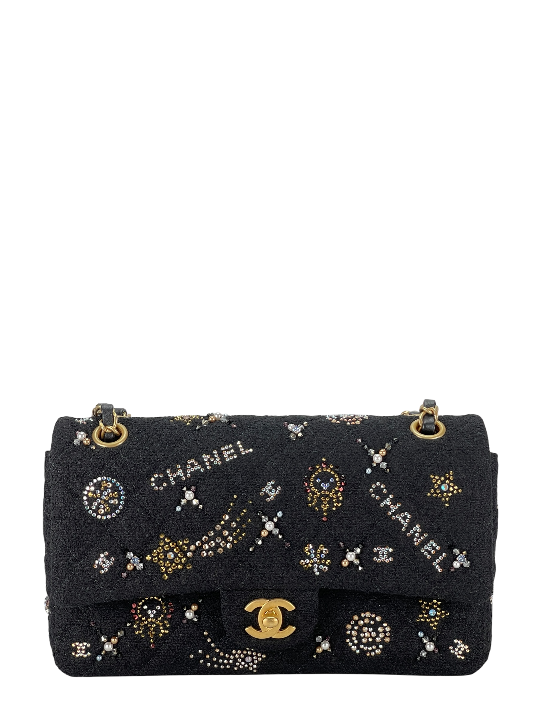 CHANEL - Small Flap Bag Black Embroidered Tweed, Strass, Glass Pearls