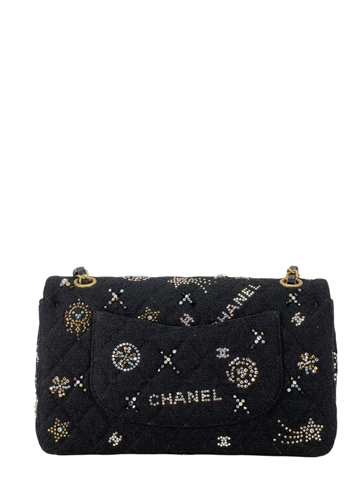 CHANEL - Small Flap Bag Black Embroidered Tweed, Strass, Glass Pearls