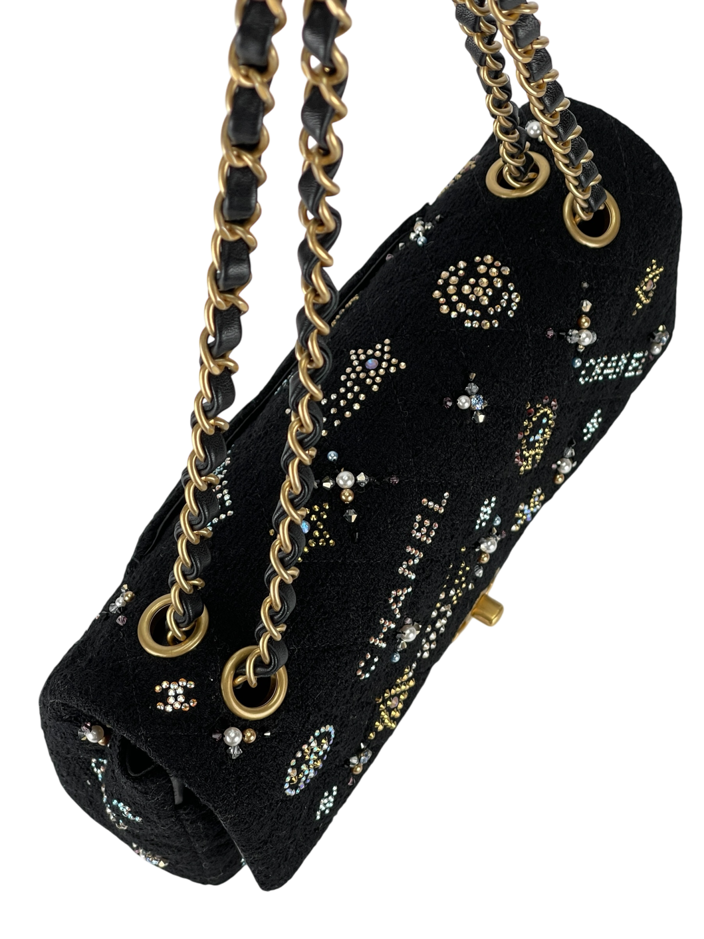CHANEL - Small Flap Bag Black Embroidered Tweed, Strass, Glass Pearls