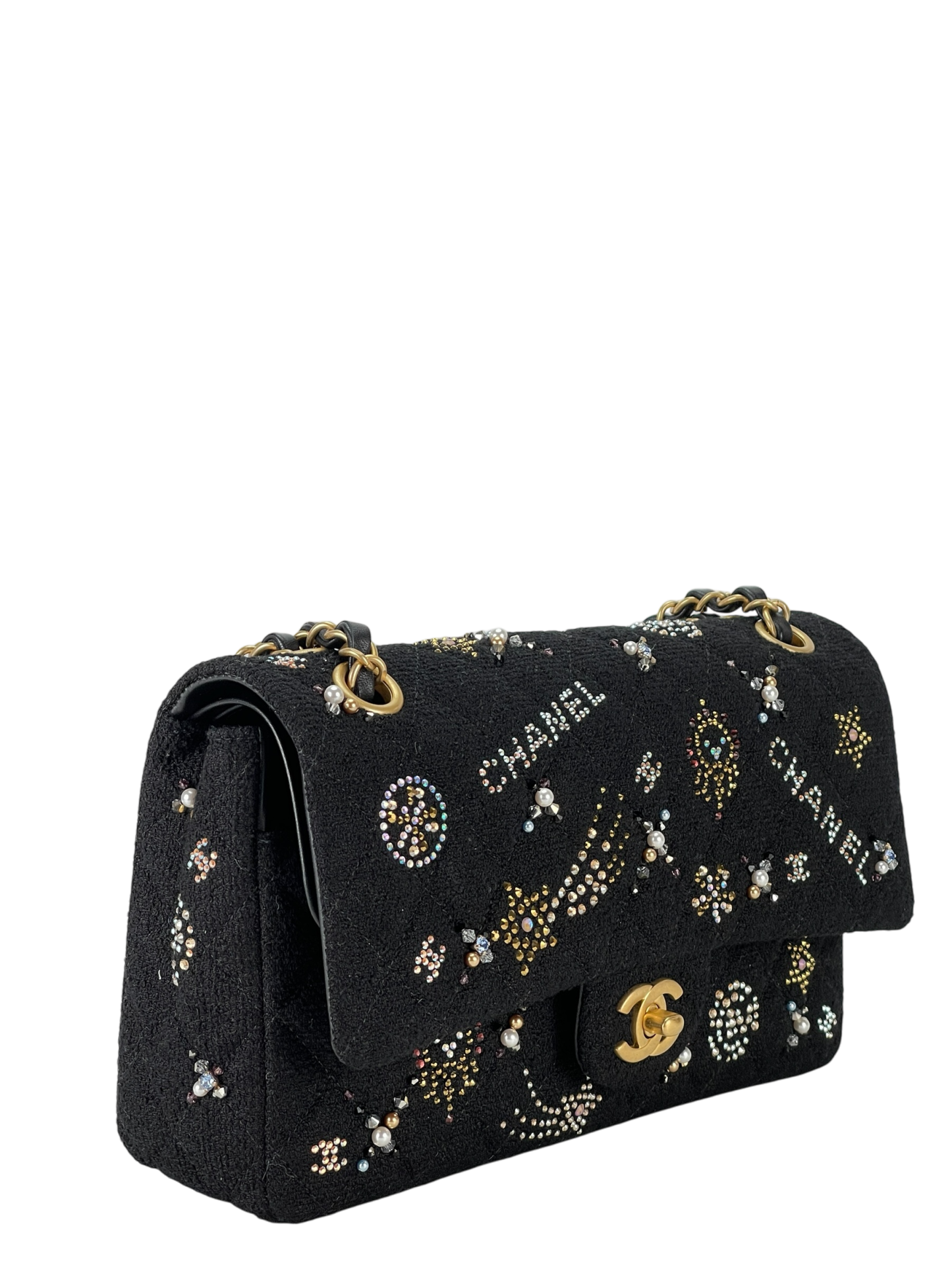 CHANEL - Small Flap Bag Black Embroidered Tweed, Strass, Glass Pearls