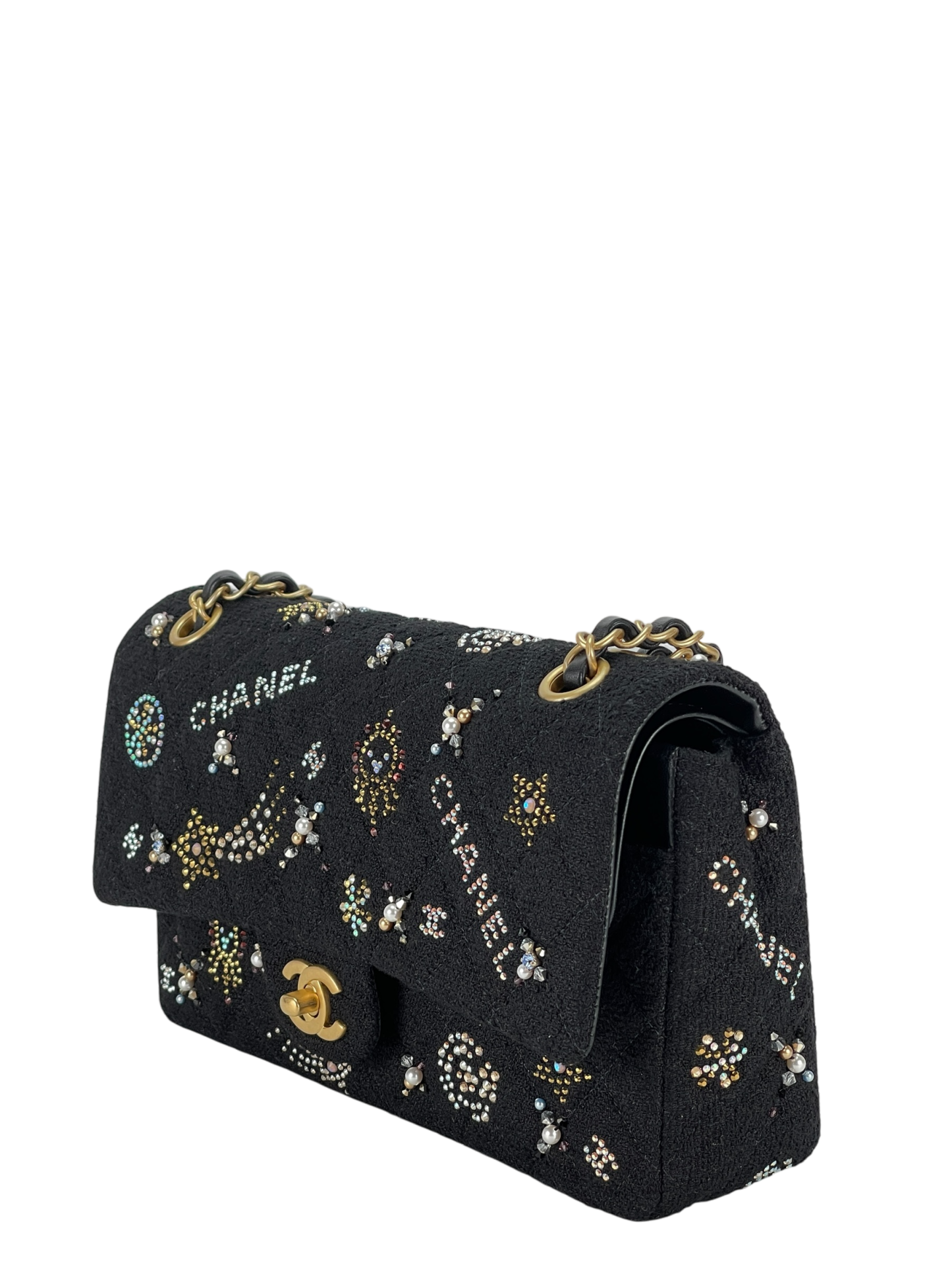 CHANEL - Small Flap Bag Black Embroidered Tweed, Strass, Glass Pearls