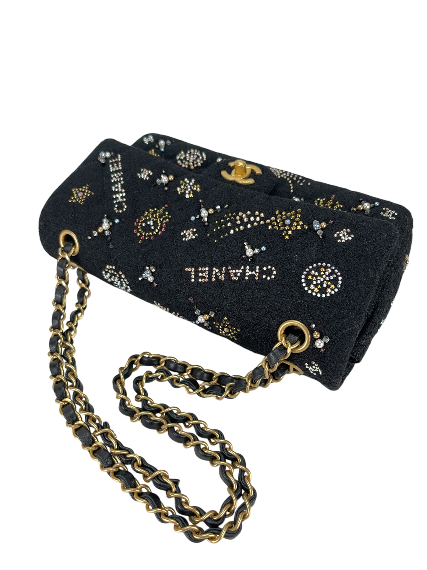 CHANEL - Small Flap Bag Black Embroidered Tweed, Strass, Glass Pearls