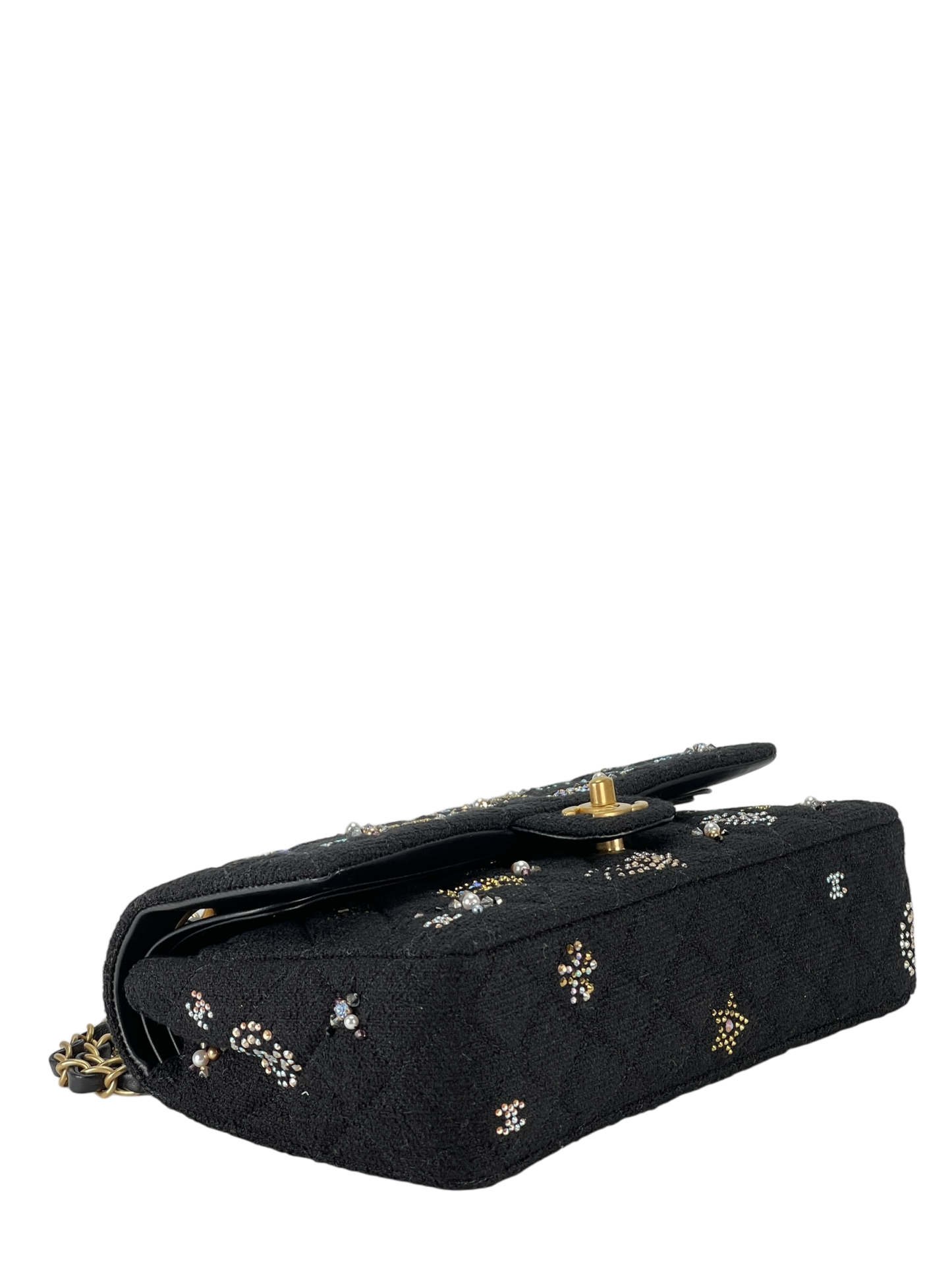CHANEL - Small Flap Bag Black Embroidered Tweed, Strass, Glass Pearls