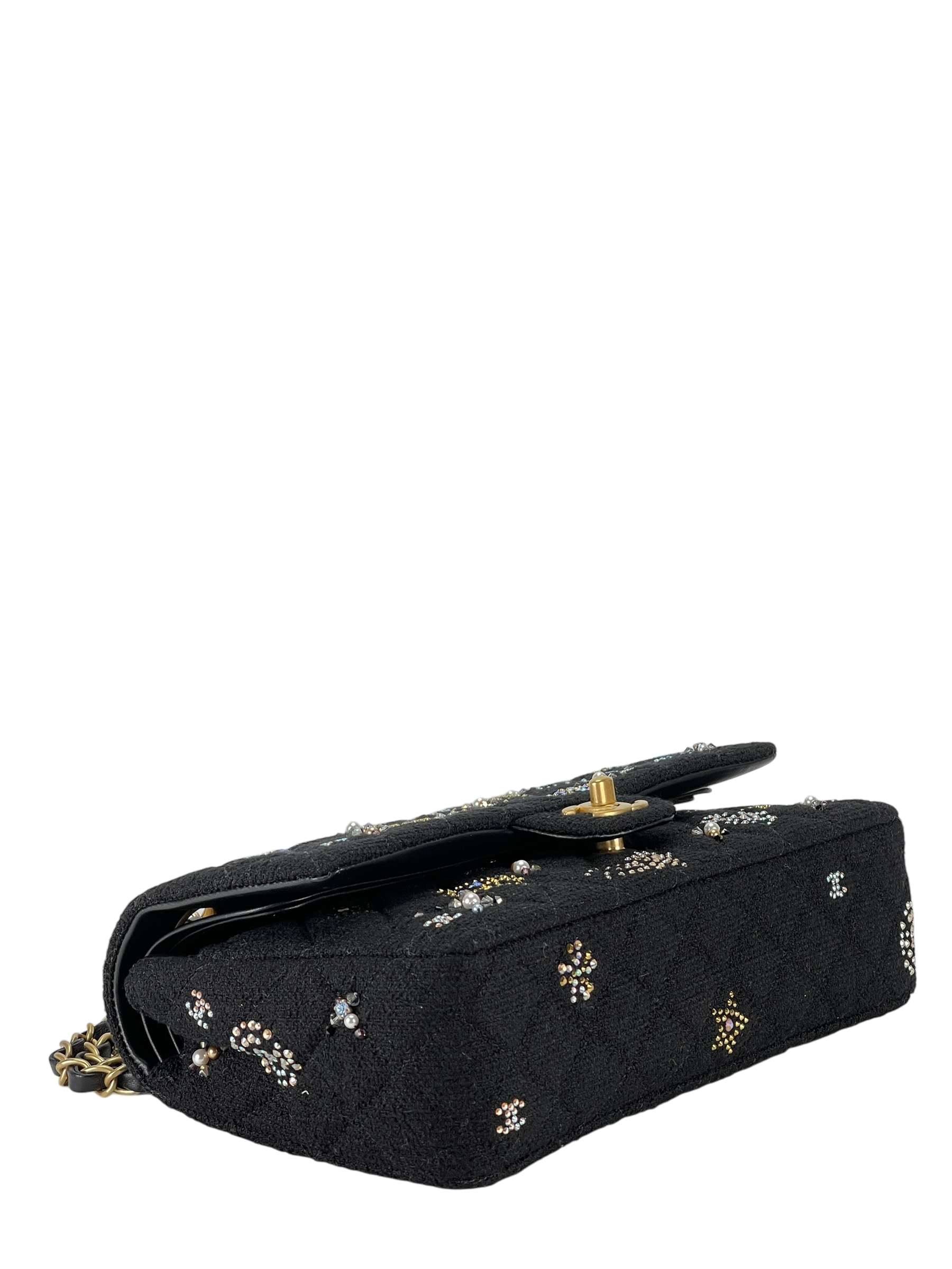 CHANEL - Small Flap Bag Black Embroidered Tweed, Strass, Glass Pearls