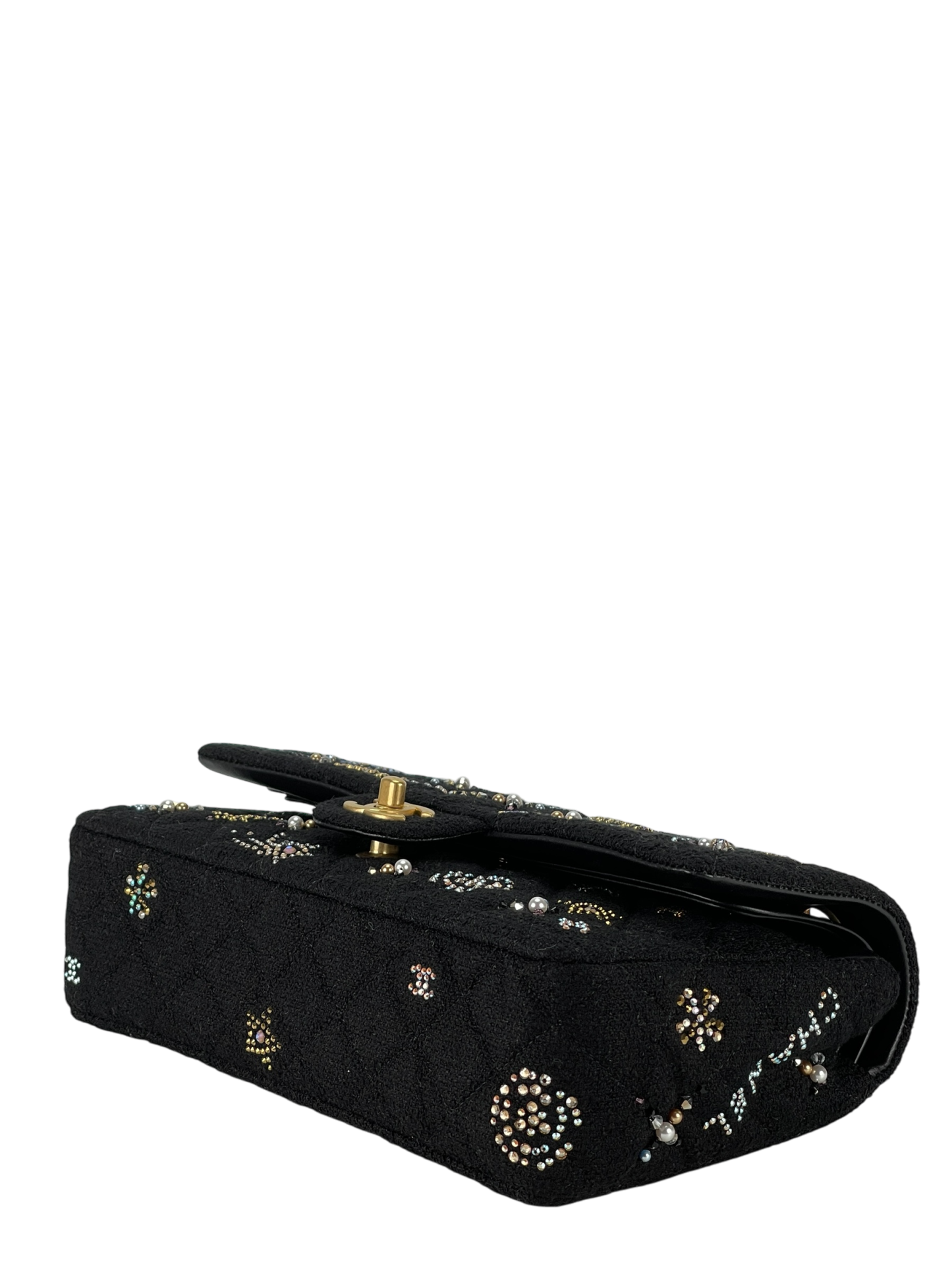 CHANEL - Small Flap Bag Black Embroidered Tweed, Strass, Glass Pearls