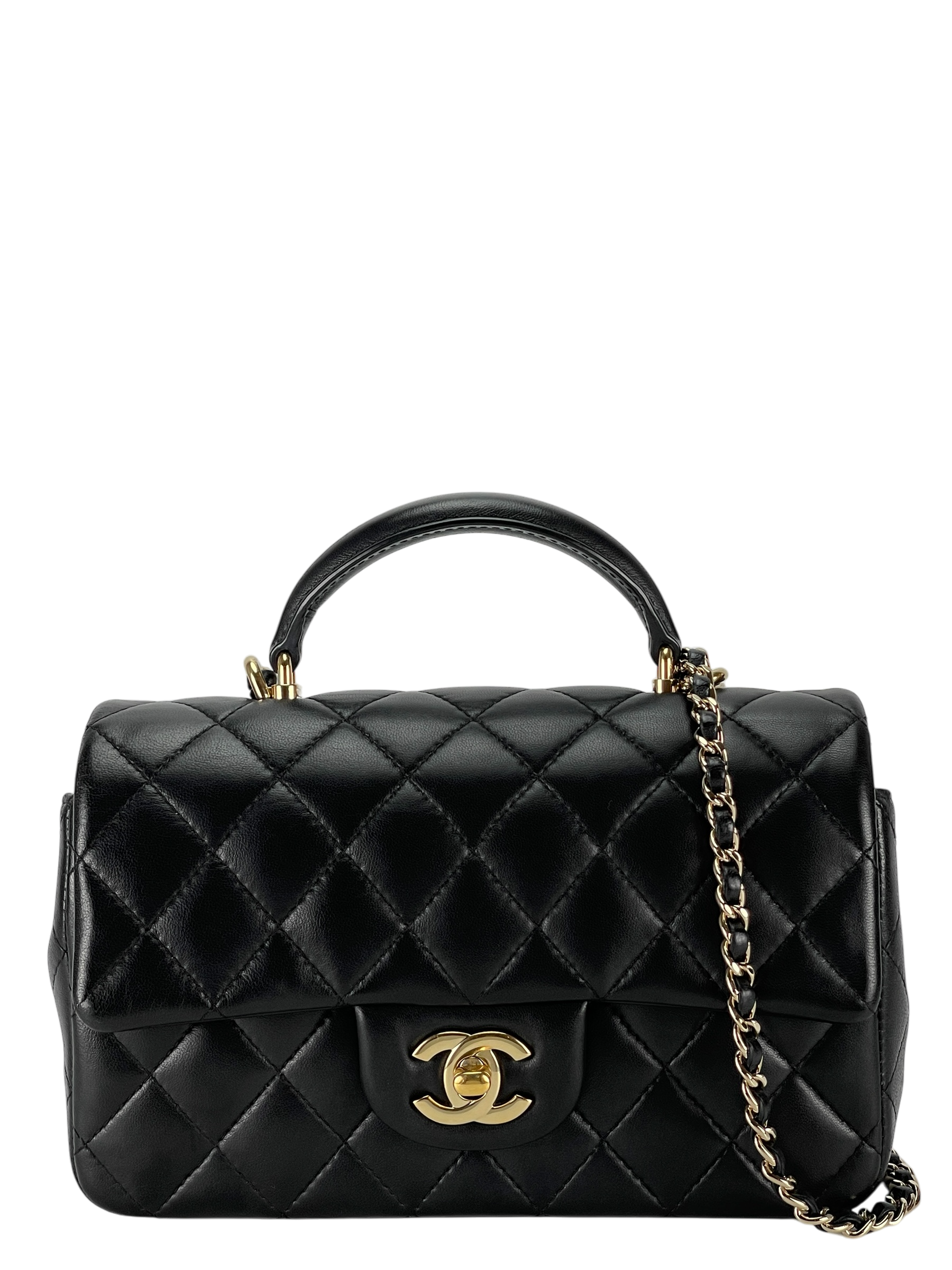 CHANEL - Mini Top Handle Rectangular Flap Black Lambskin 