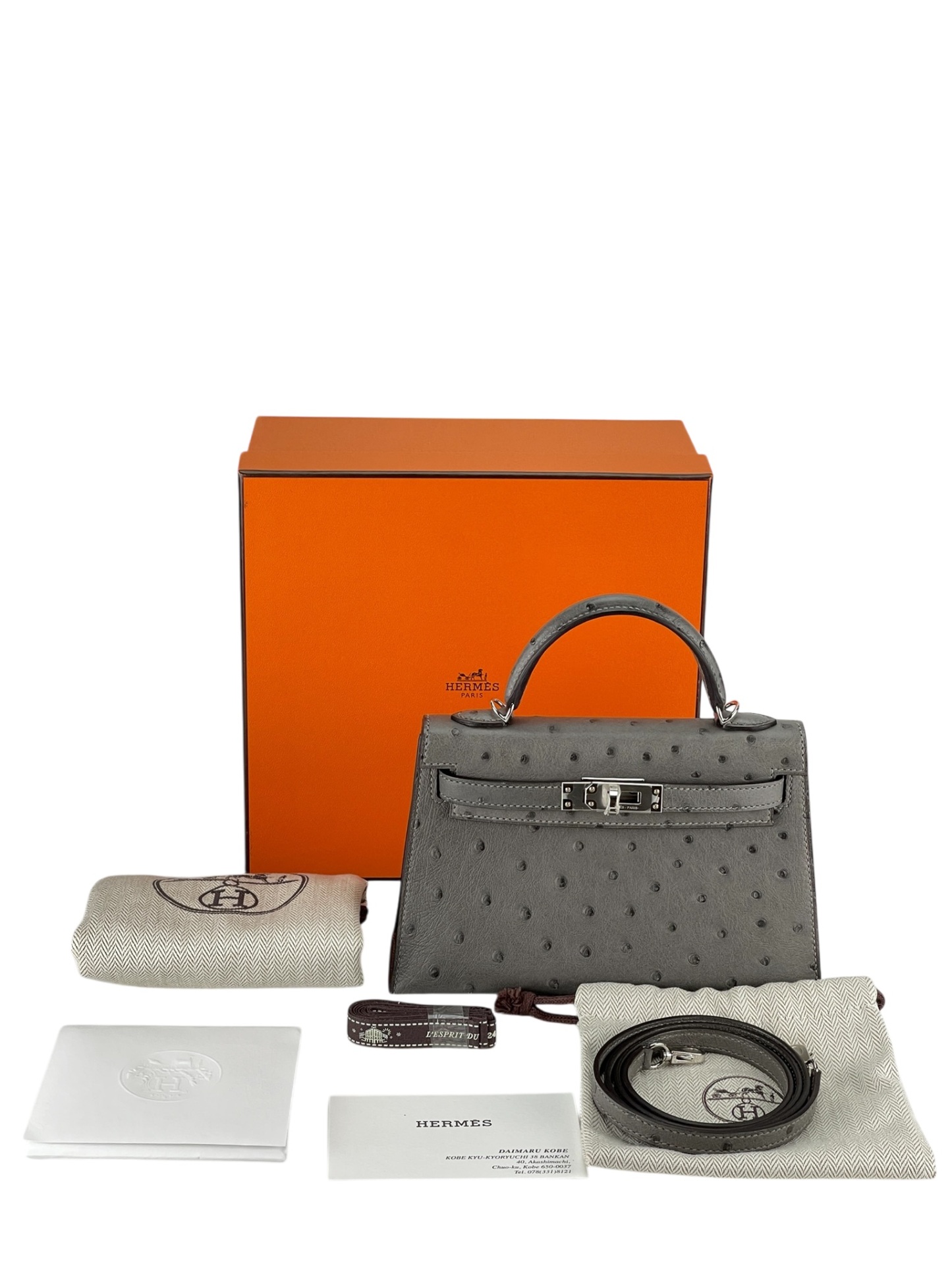 HERMES - Mini Kelly 2 0L Gris Meyer Ostrich Palladium Hardware