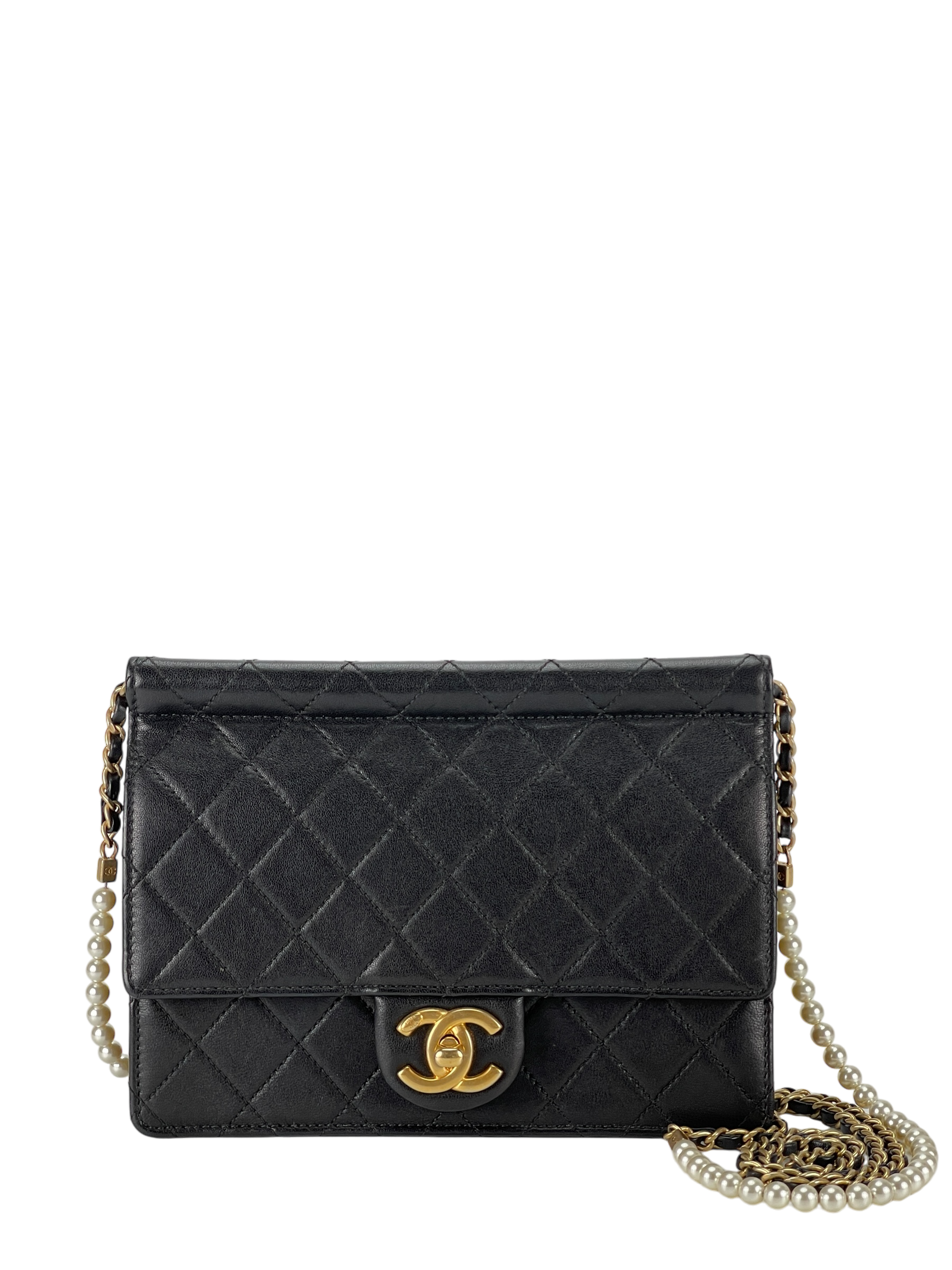 CHANEL - Small Flap Bag Black with Pearl Chain