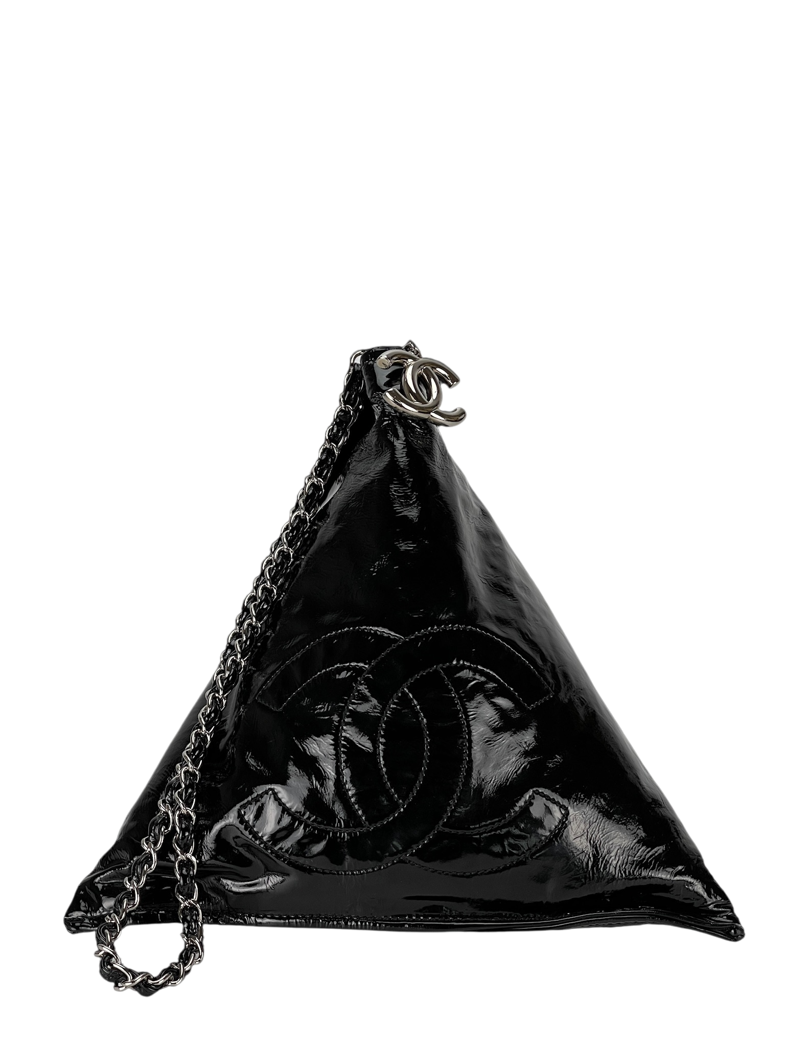 CHANEL - Black Patent Leather Bon Bon Pyramid Clutch Silver Hardware