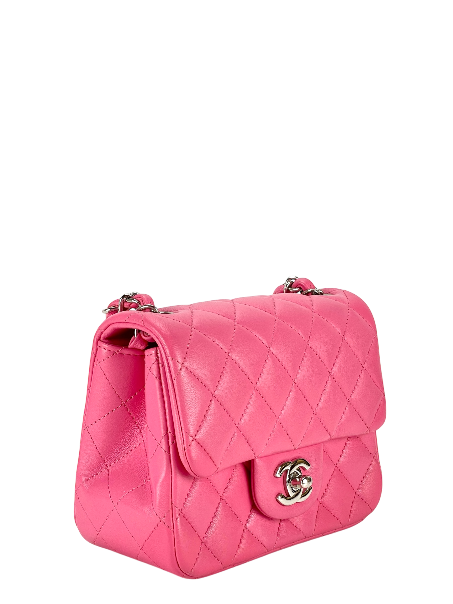 CHANEL - Mini Square Classic Flap Bag Pink Lambskin Sliver Hardware