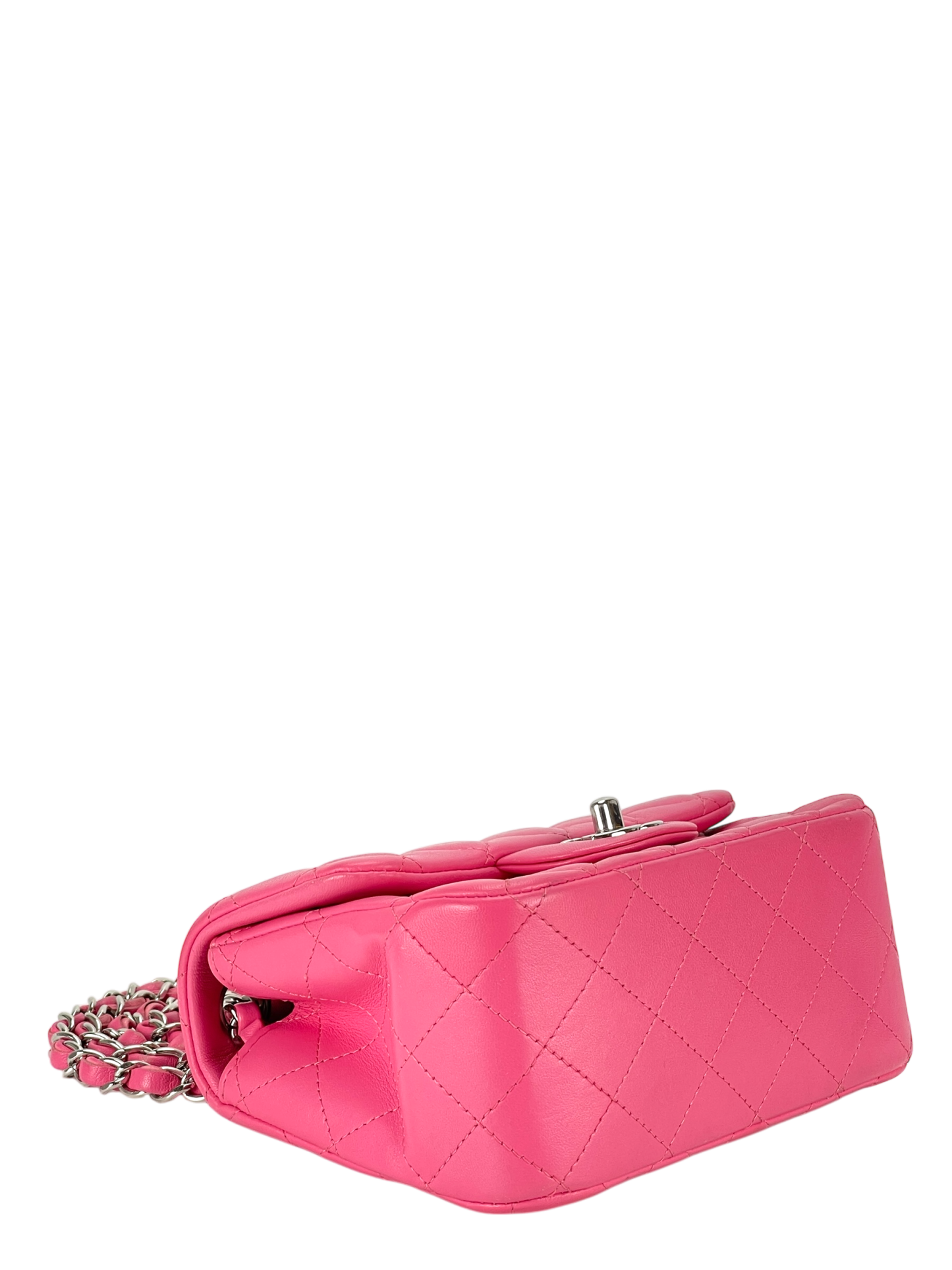 CHANEL - Mini Square Classic Flap Bag Pink Lambskin Sliver Hardware