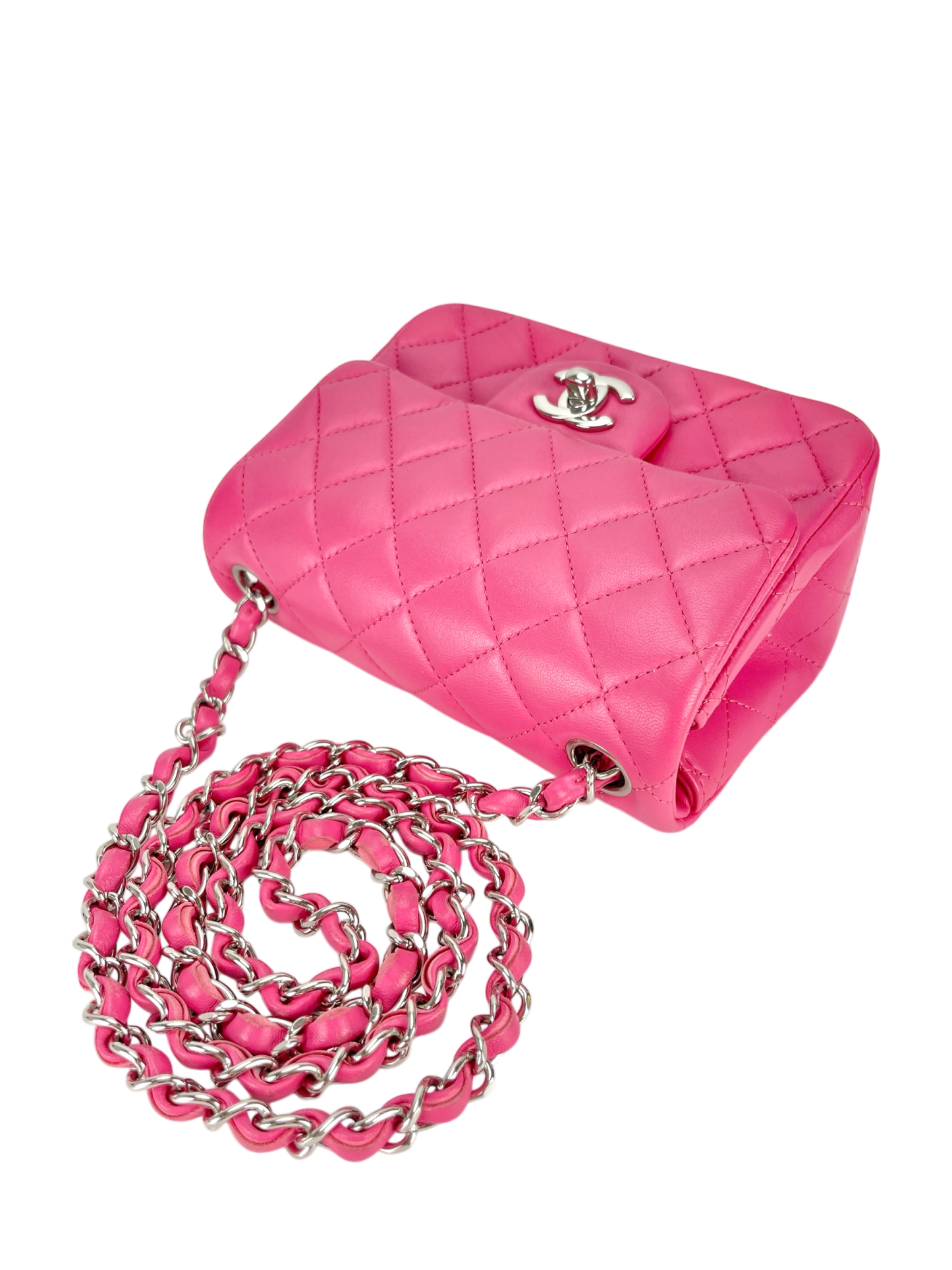 CHANEL - Mini Square Classic Flap Bag Pink Lambskin Sliver Hardware