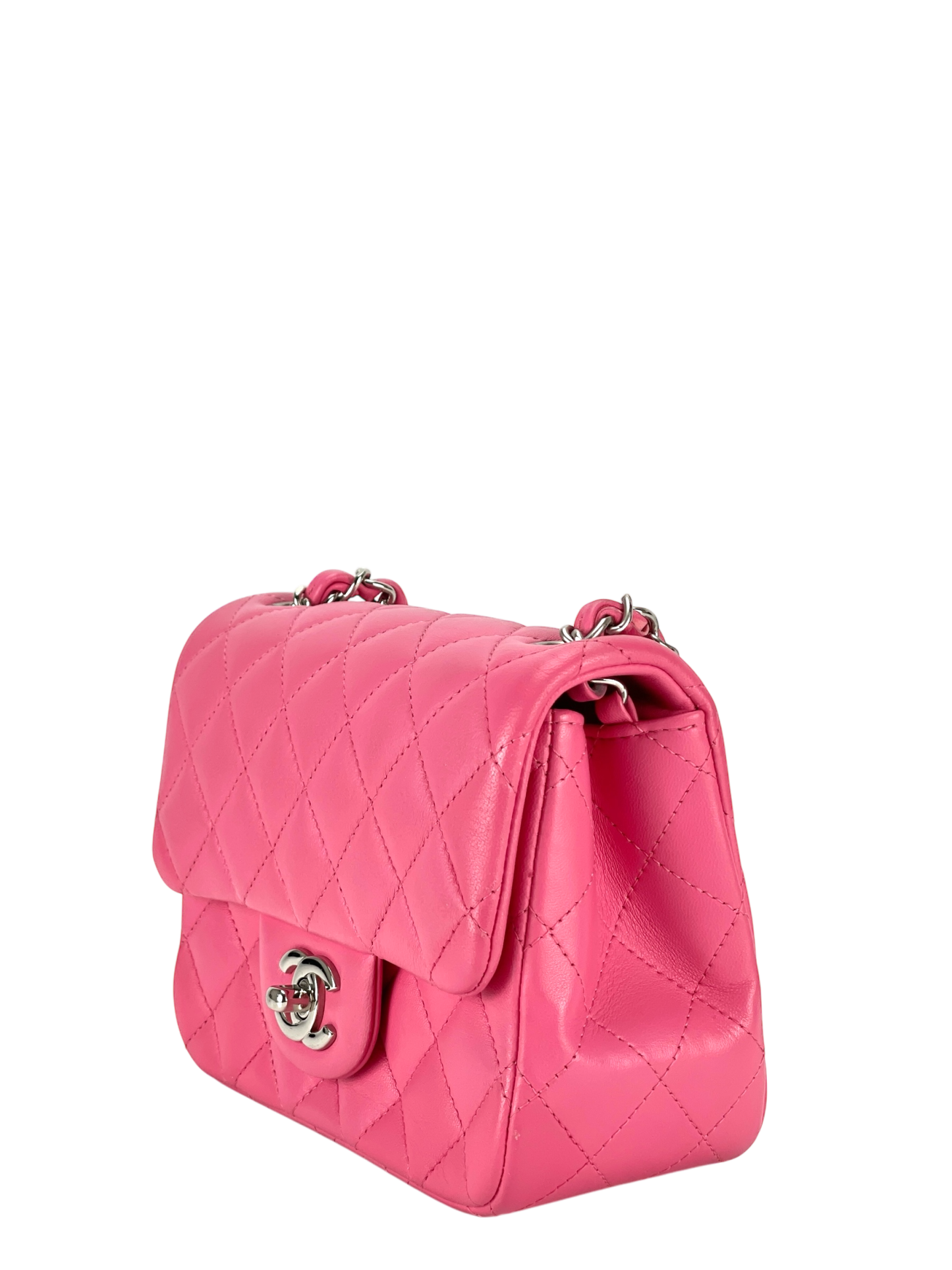 CHANEL - Mini Square Classic Flap Bag Pink Lambskin Sliver Hardware