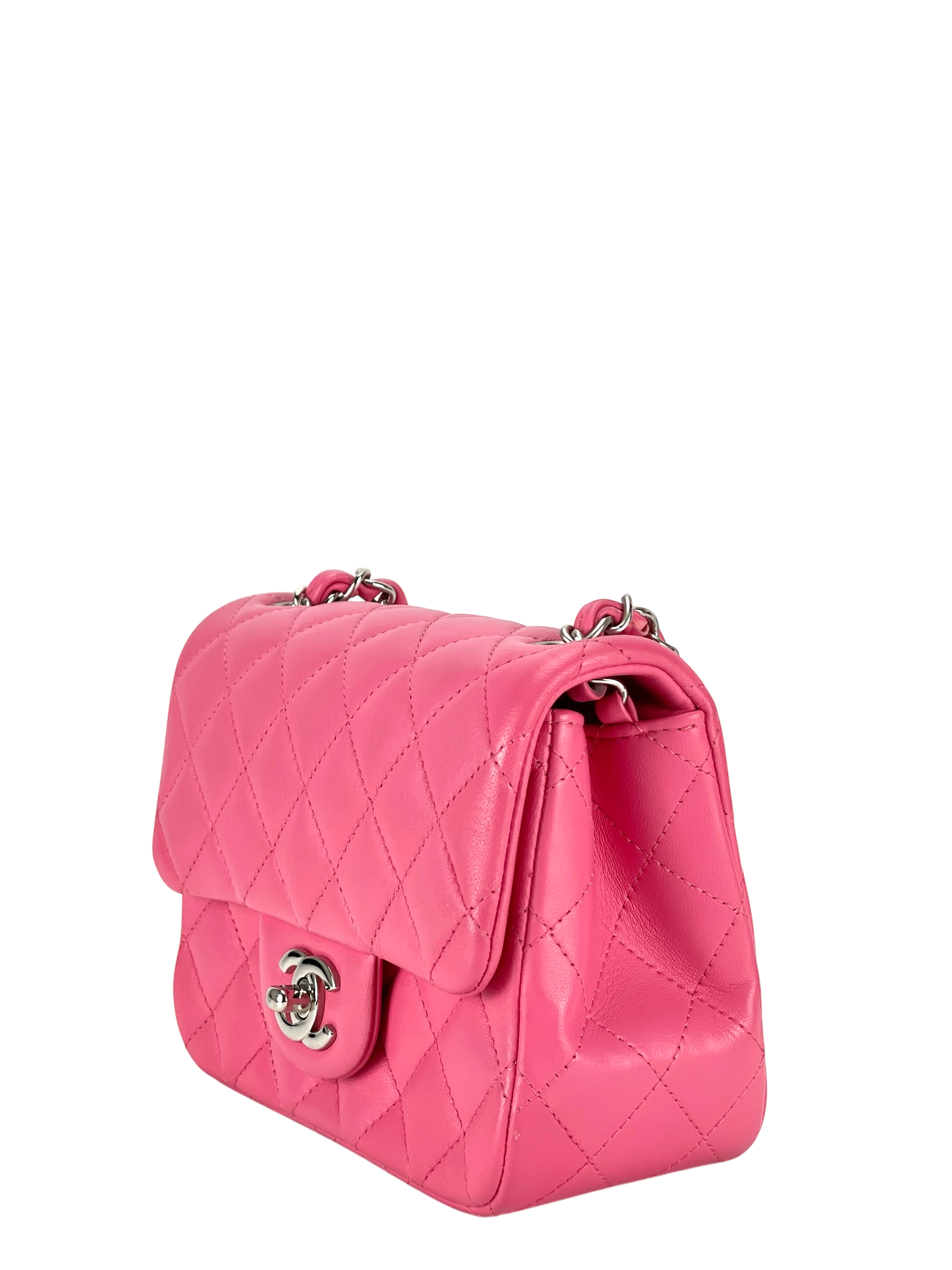 CHANEL - Mini Square Classic Flap Bag Pink Lambskin Sliver Hardware