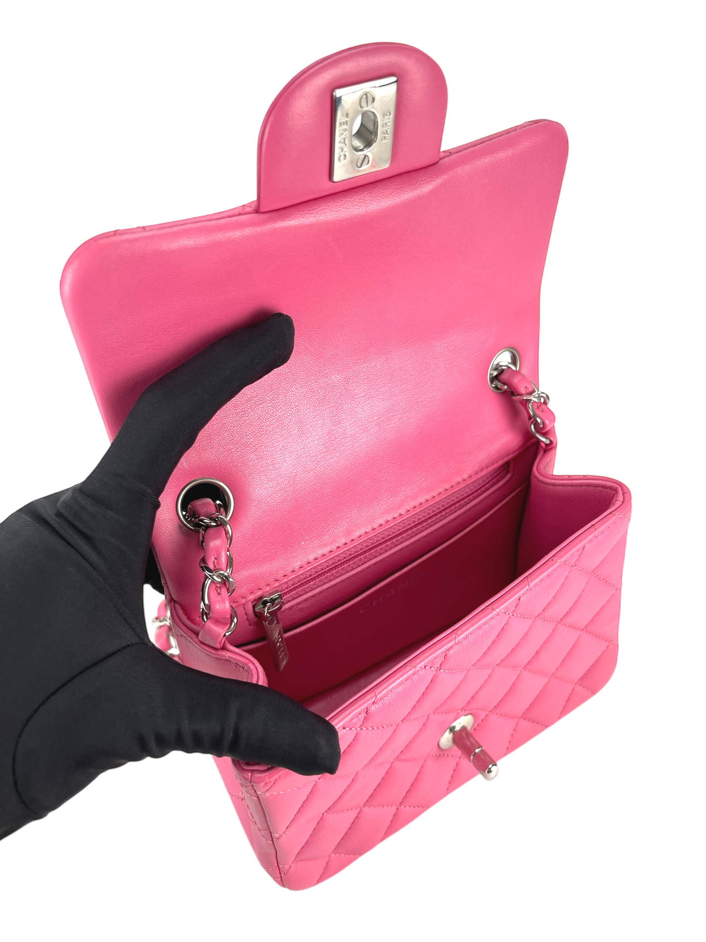CHANEL - Mini Square Classic Flap Bag Pink Lambskin Sliver Hardware