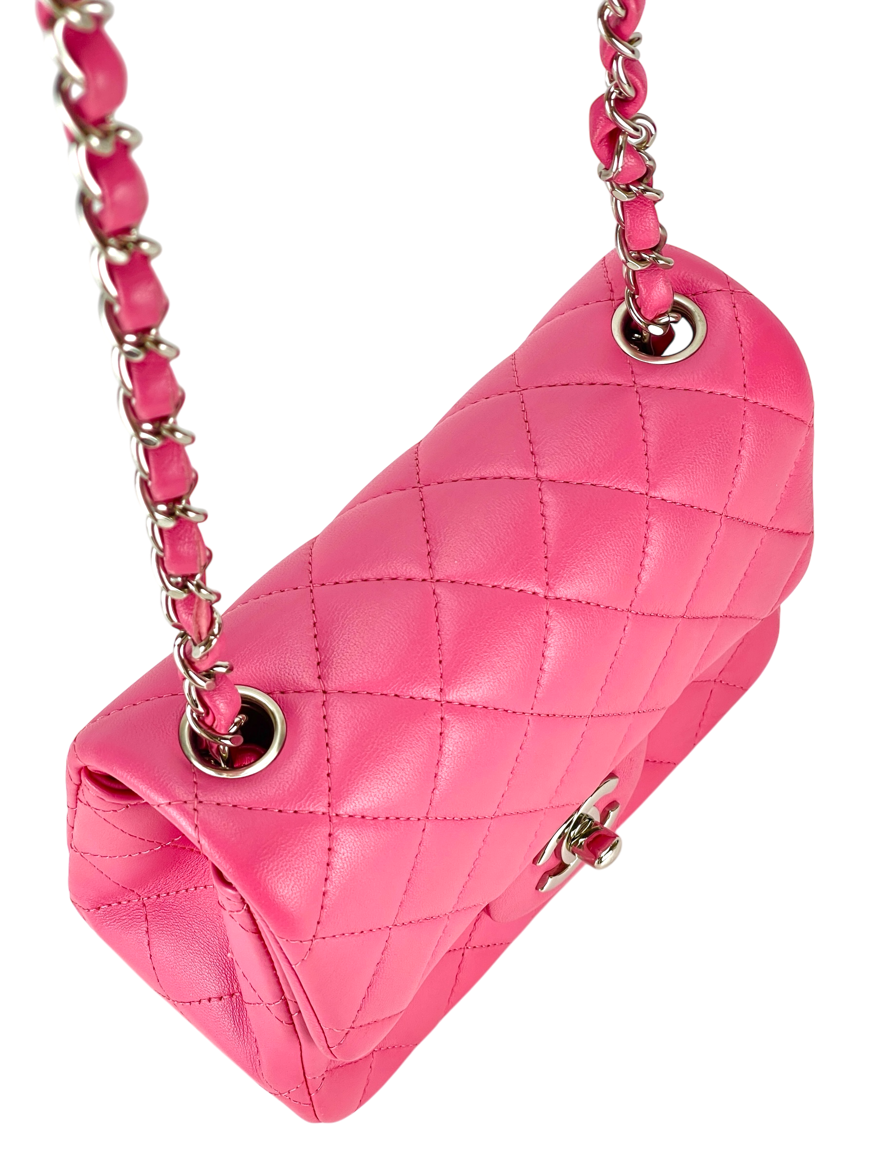 CHANEL - Mini Square Classic Flap Bag Pink Lambskin Sliver Hardware