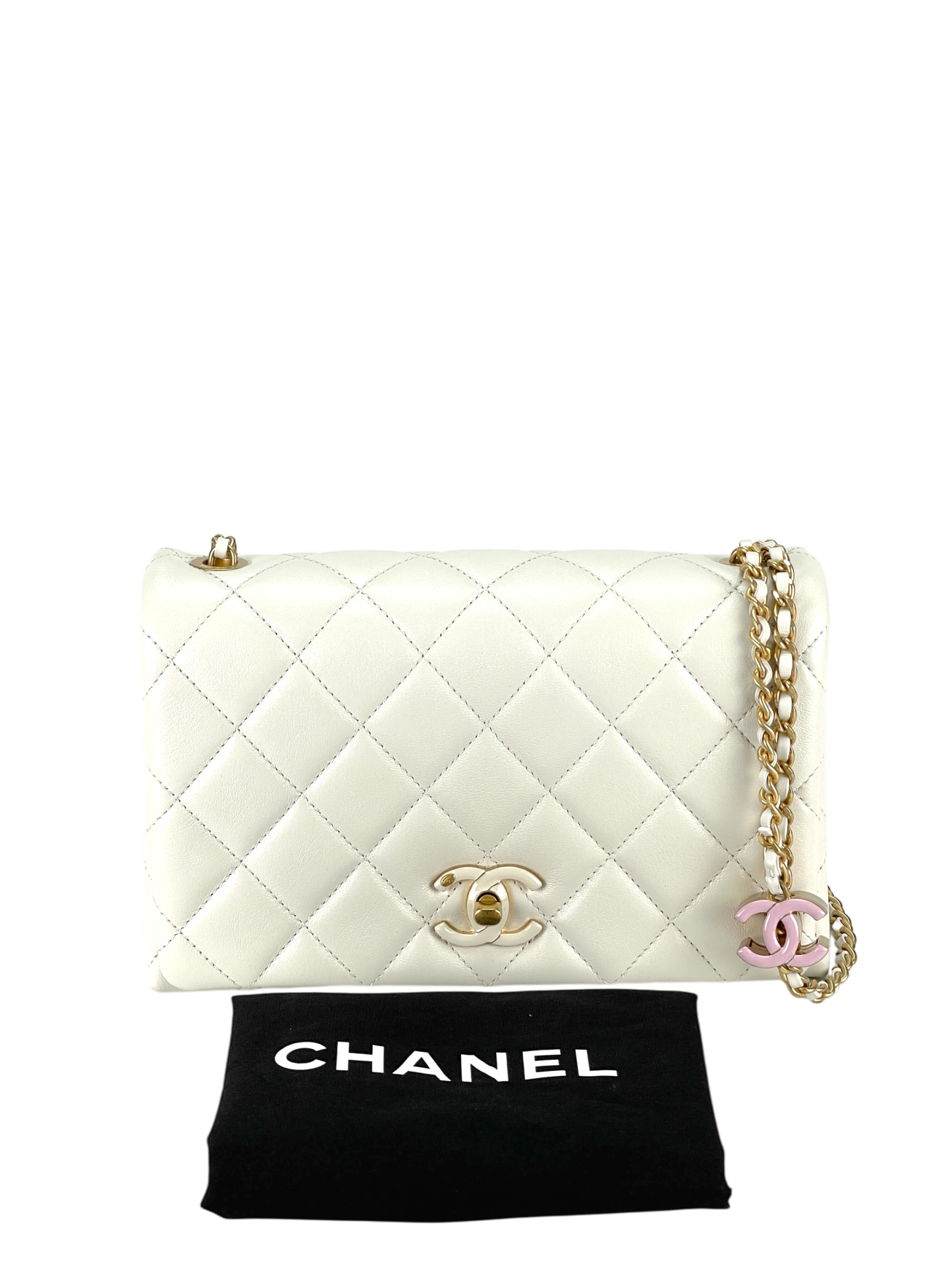 CHANEL - 24A Flap Bag Seasonal Chain White Lambskin Gold Hardware
