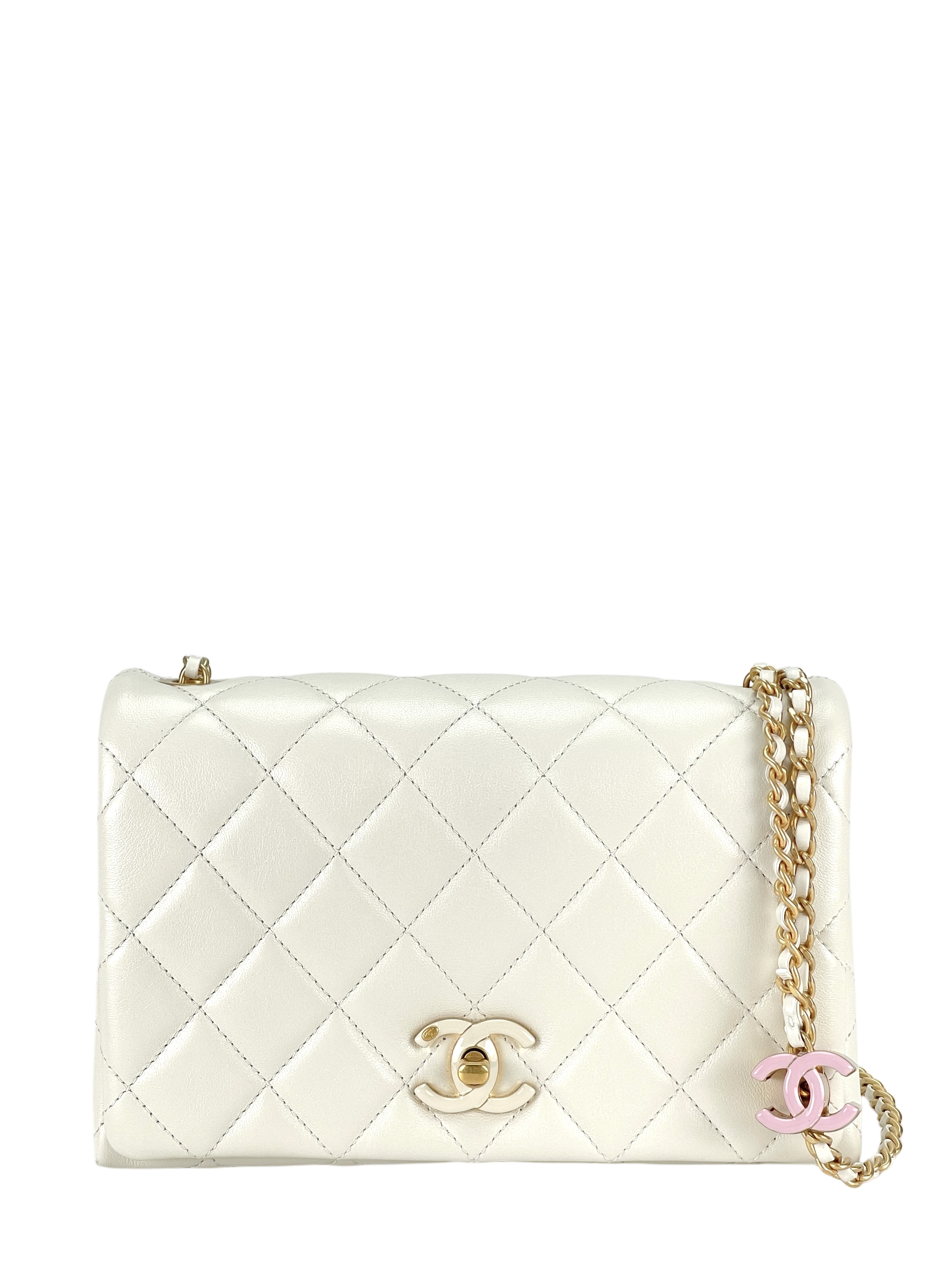 CHANEL - 24A Flap Bag Seasonal Chain White Lambskin Gold Hardware
