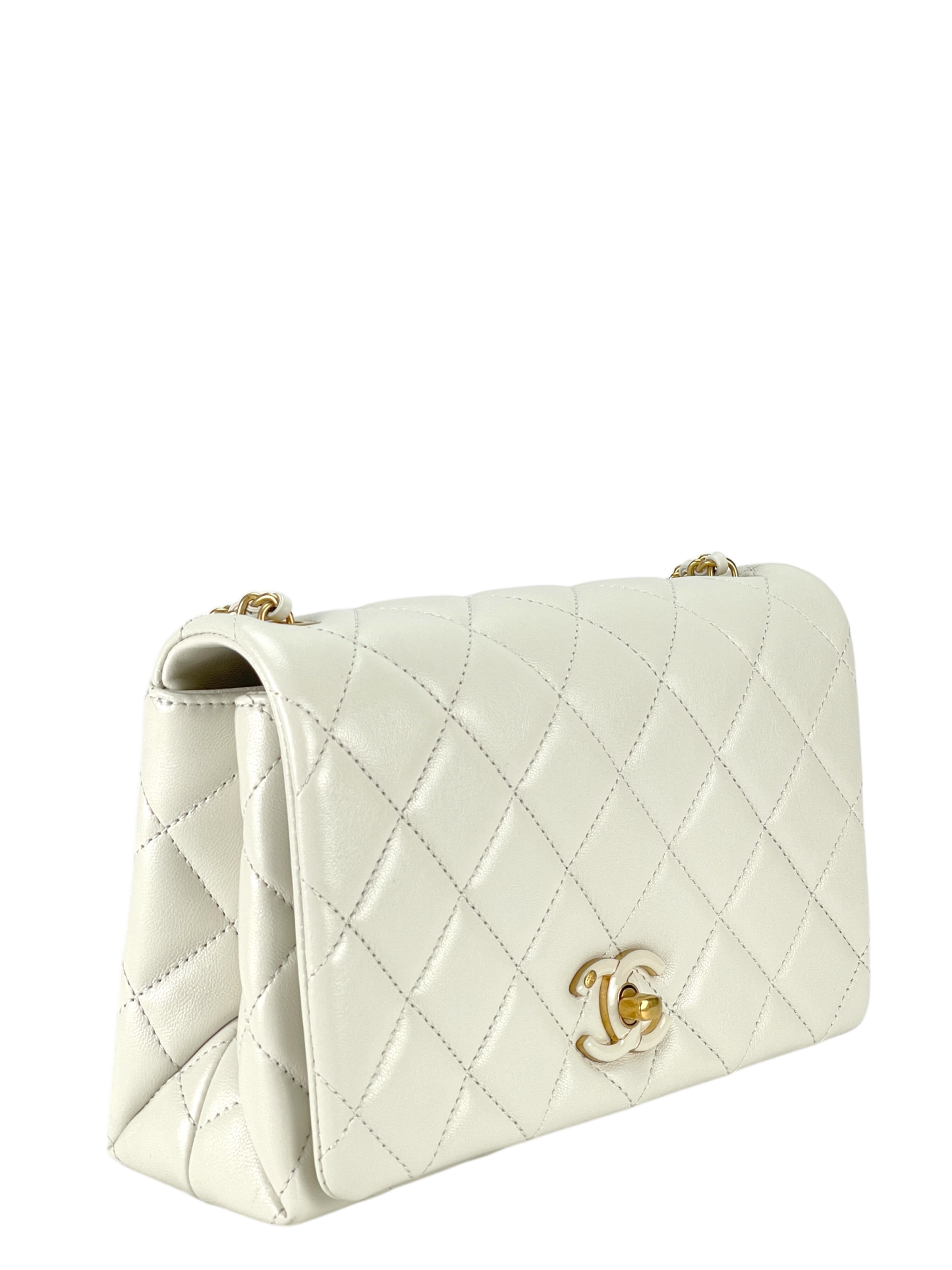 CHANEL - 24A Flap Bag Seasonal Chain White Lambskin Gold Hardware