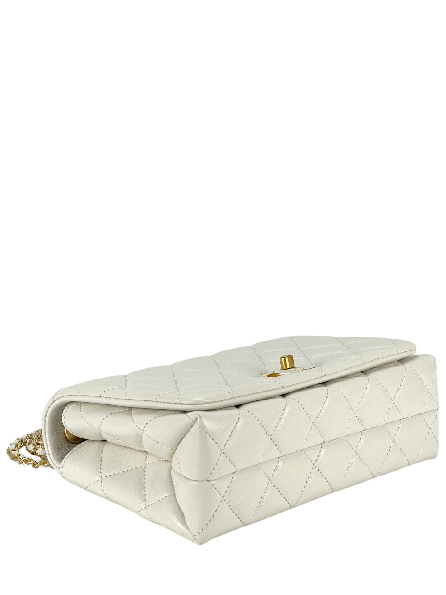 CHANEL - 24A Flap Bag Seasonal Chain White Lambskin Gold Hardware