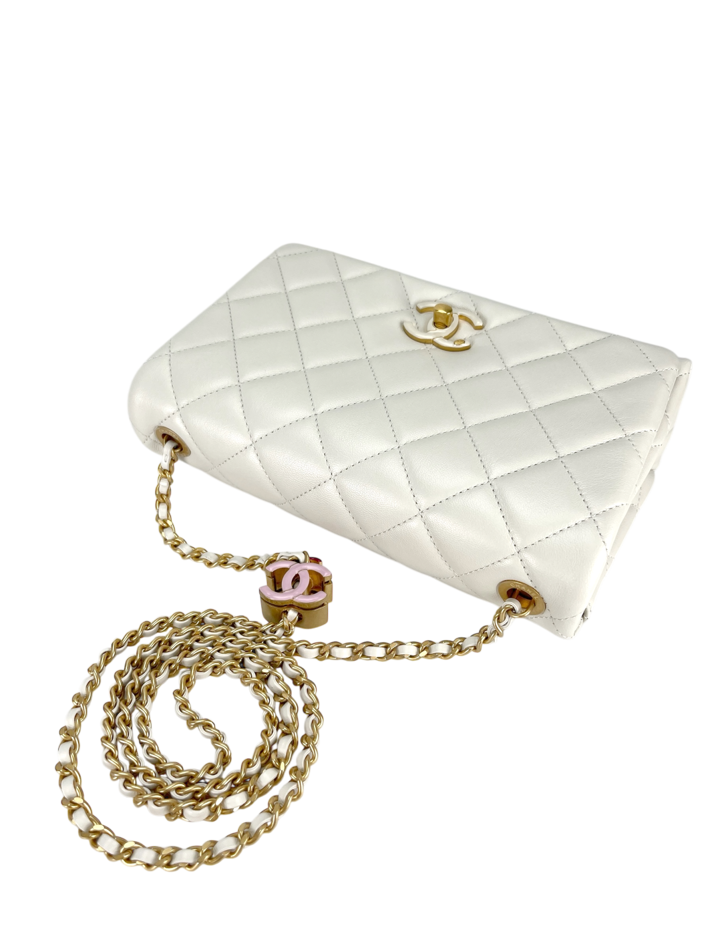 CHANEL - 24A Flap Bag Seasonal Chain White Lambskin Gold Hardware