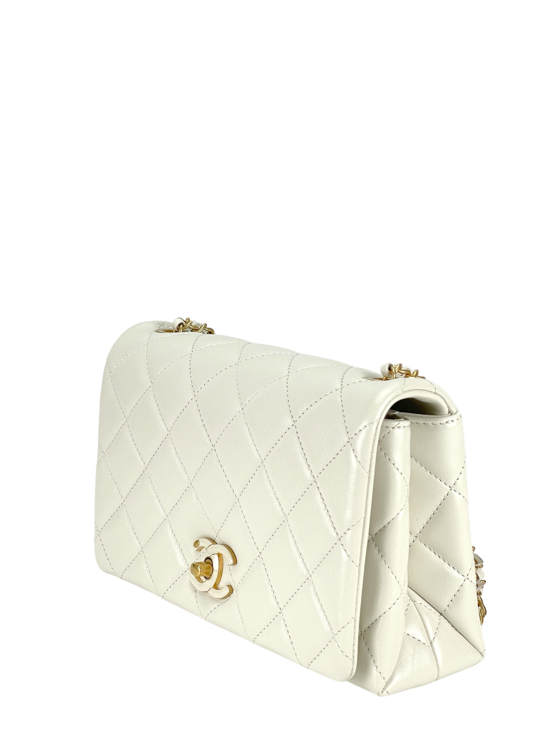CHANEL - 24A Flap Bag Seasonal Chain White Lambskin Gold Hardware