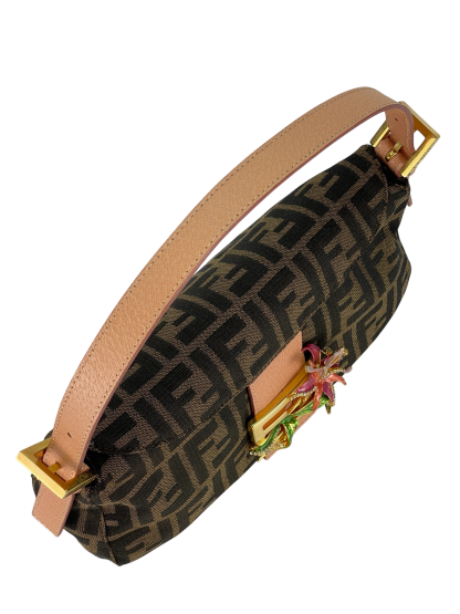 FENDI - Zucca With Crystal Flower Baguette Tobacco