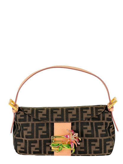 FENDI - Zucca With Crystal Flower Baguette Tobacco