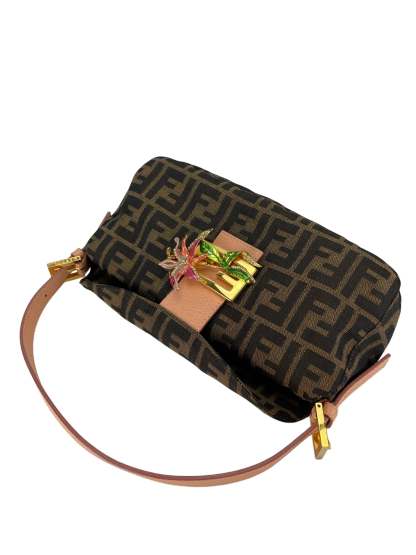 FENDI - Zucca With Crystal Flower Baguette Tobacco