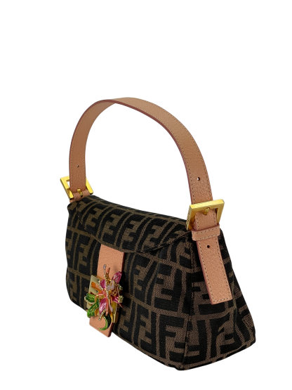FENDI - Zucca With Crystal Flower Baguette Tobacco