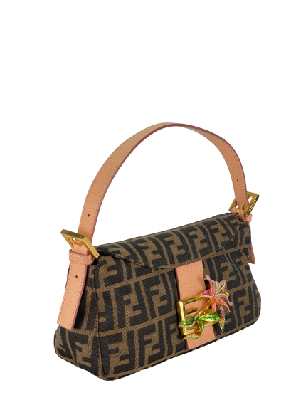 FENDI - Zucca With Crystal Flower Baguette Tobacco