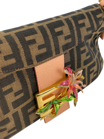 FENDI - Zucca With Crystal Flower Baguette Tobacco