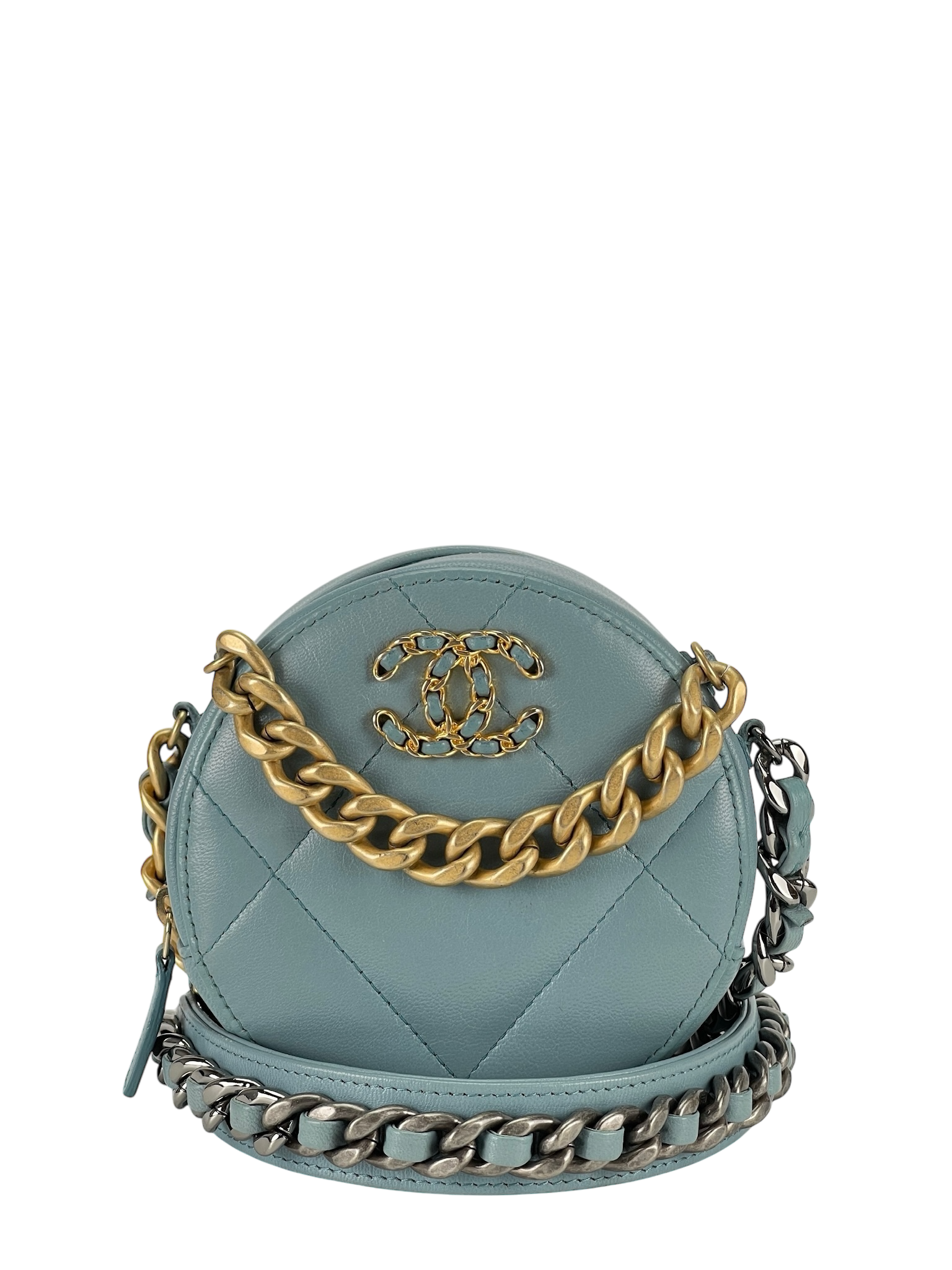 大阪 新品同様 シャネル CHANEL 19 ラウンド クラッチ チェーン 