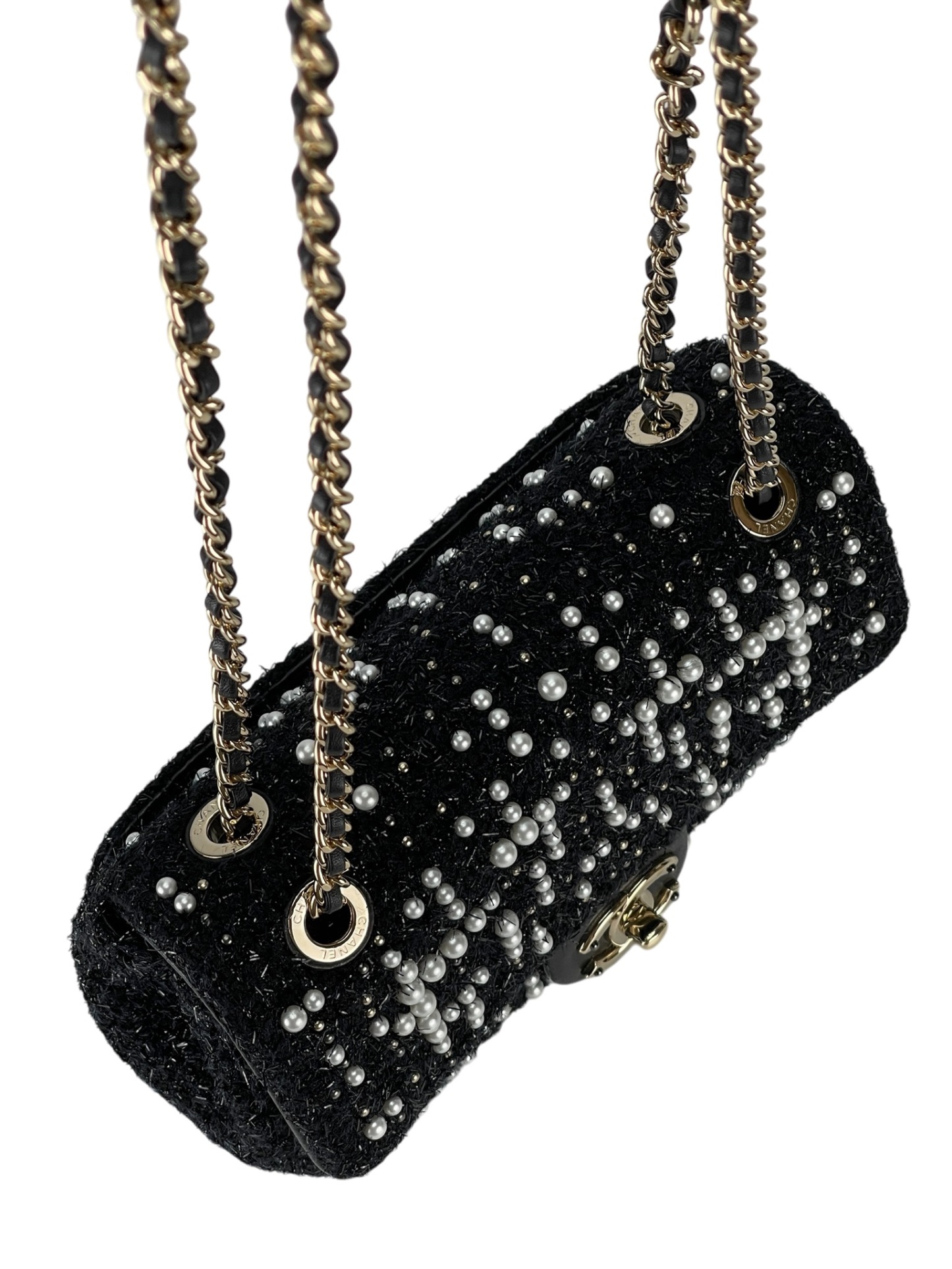 CHANEL - Tweed Pearl Mini Cosmos Flap Bag Black