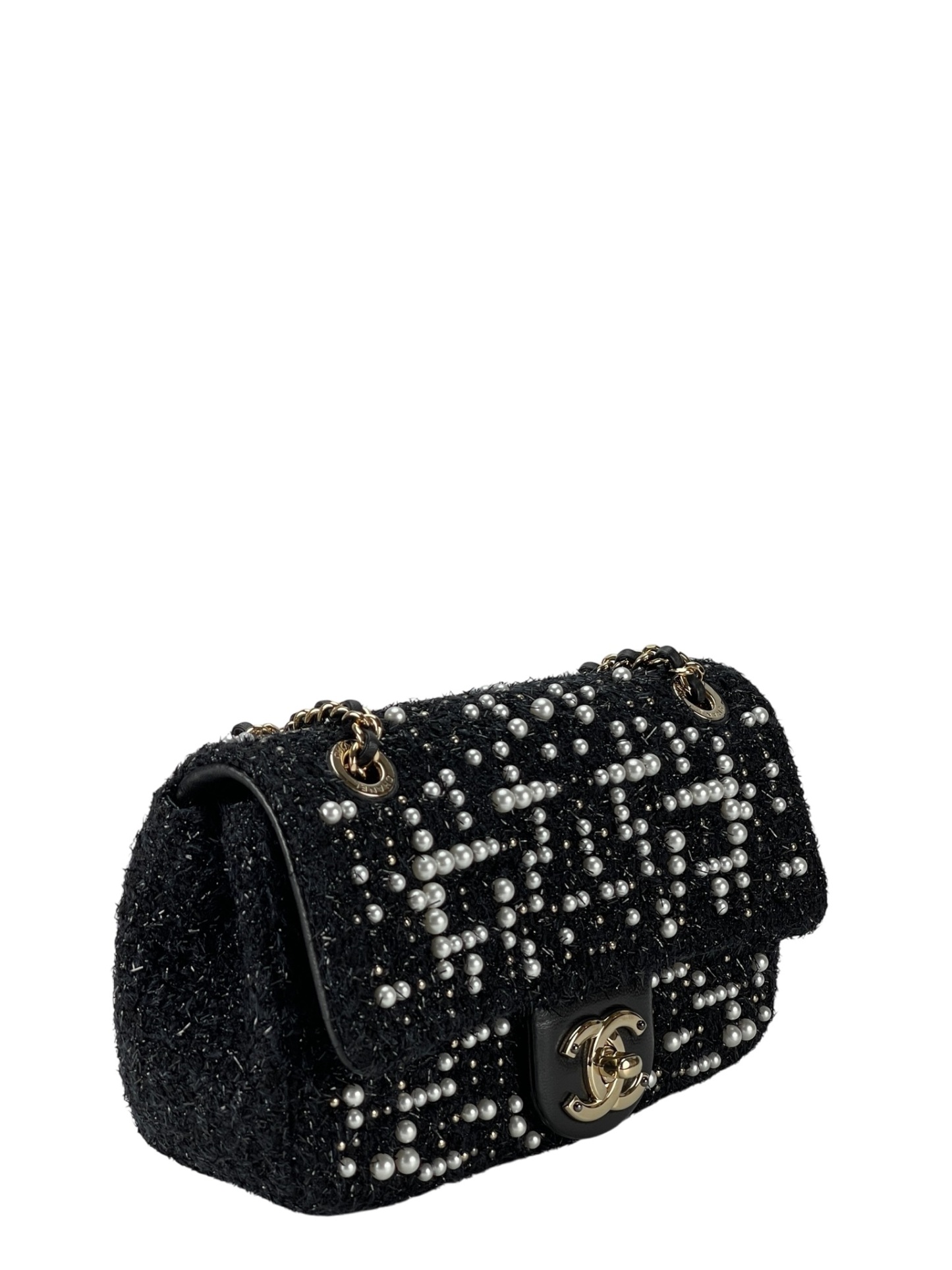 CHANEL - Tweed Pearl Mini Cosmos Flap Bag Black