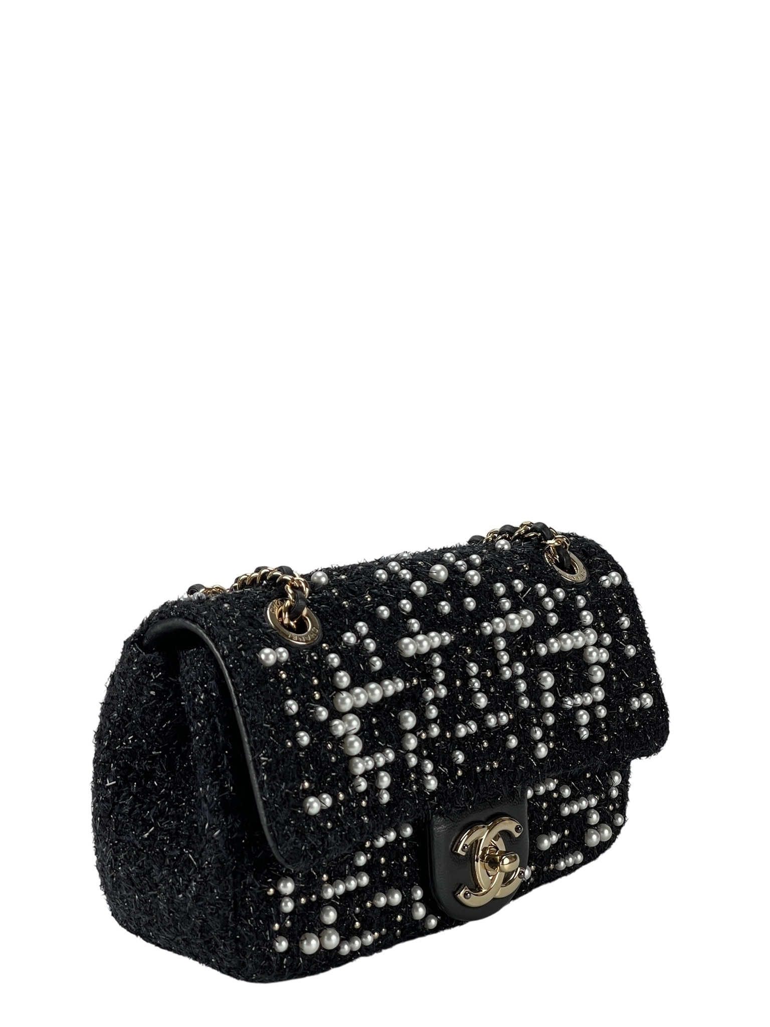 CHANEL - Tweed Pearl Mini Cosmos Flap Bag Black